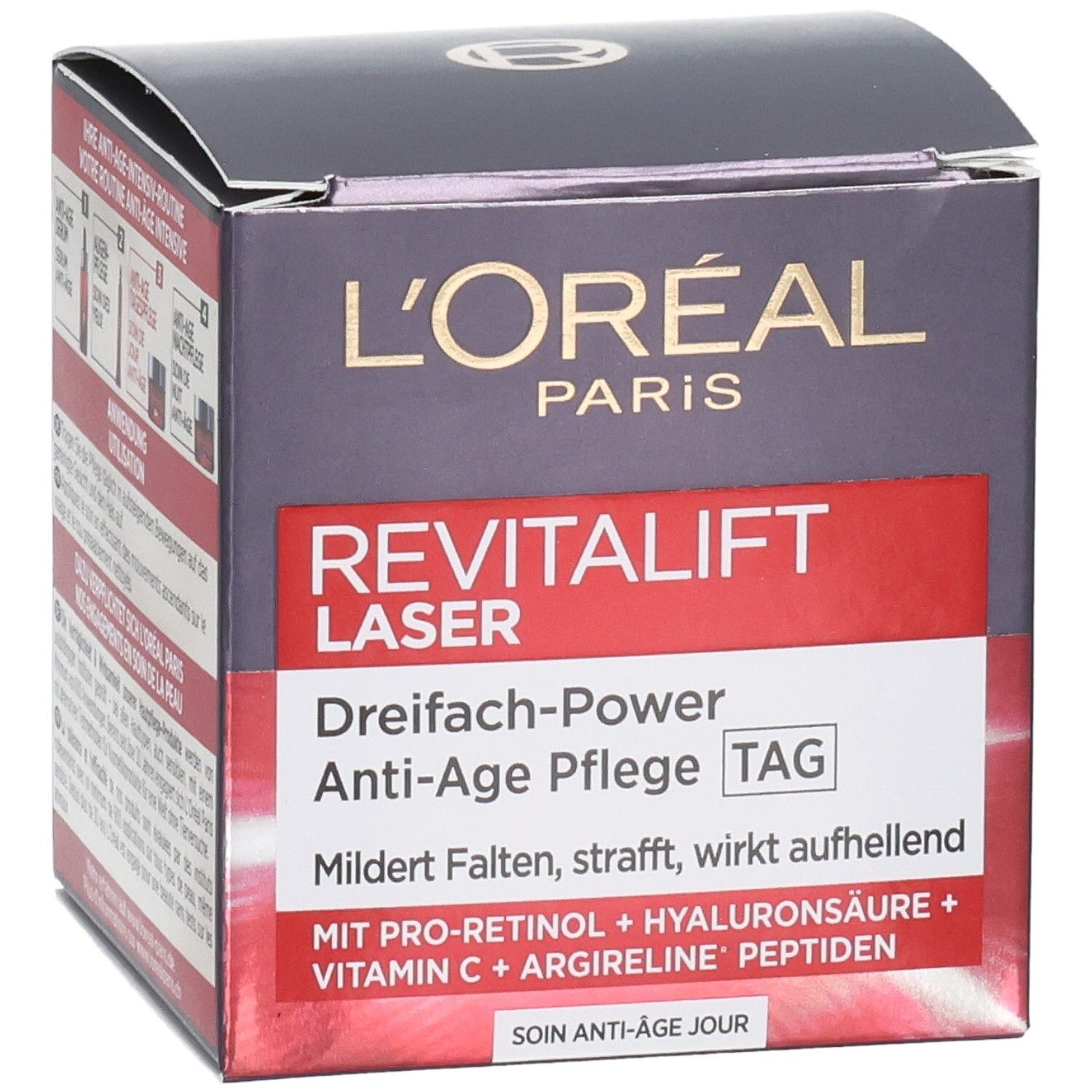 Emballage L'Oréal Revitalift Laser Soin de Jour Anti-Âge avec nom du produit et détails des ingrédients actifs.