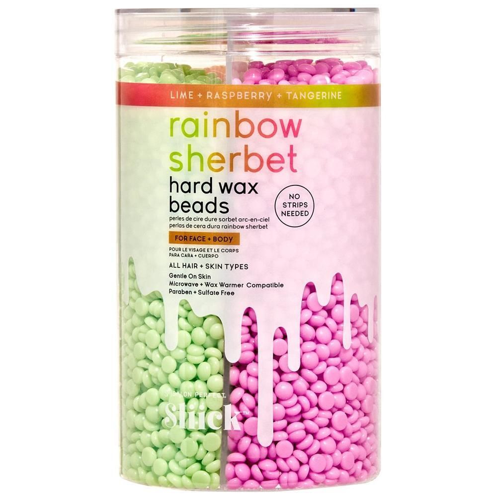 Behälter mit bunten Wachsperlen in Grün, Rosa und Lila. "Rainbow Sherbet Hard Wax Beads" Aufschrift.