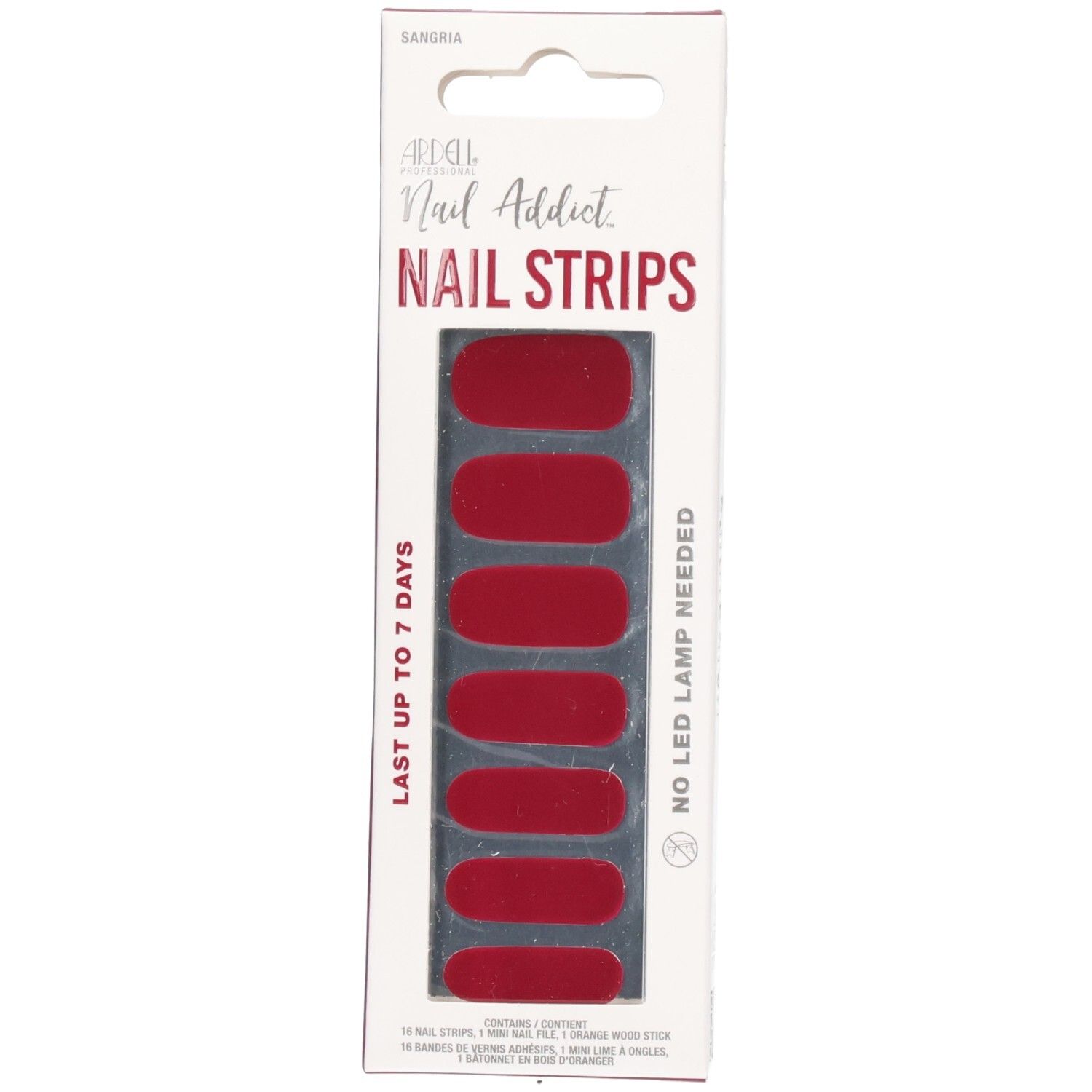 Verpackung mit roten Nagellackstreifen.