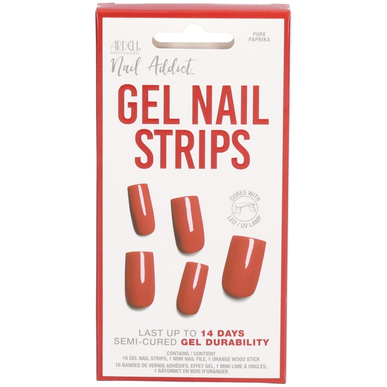 Verpackung mit Ardell Gel Nail Strips in Pure Paprika. Enthält 16 Streifen und Zubehör.