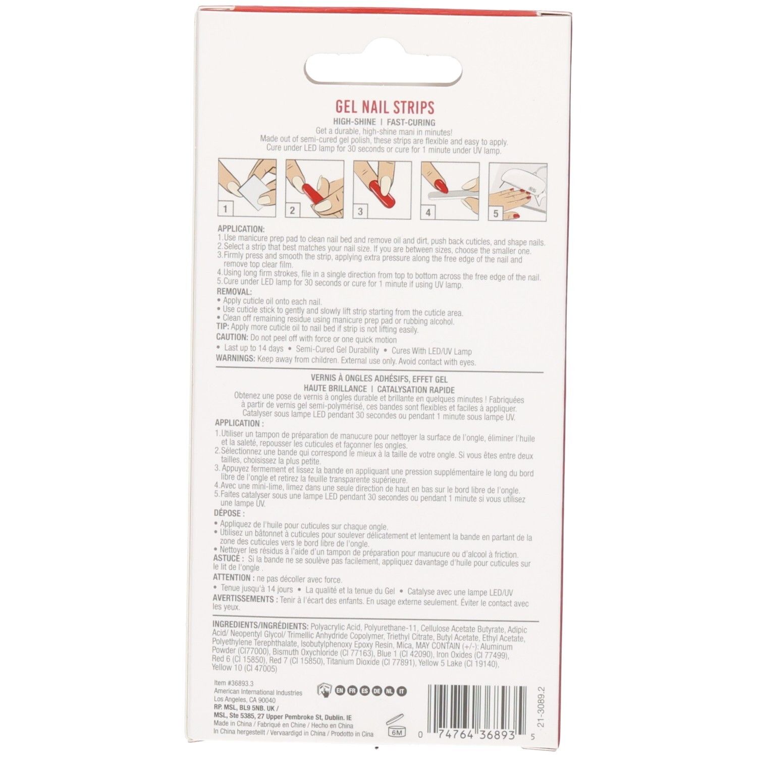 Rückseite der Ardell Gel Nail Strips Verpackung mit Anwendungshinweisen und Inhaltsstoffen.