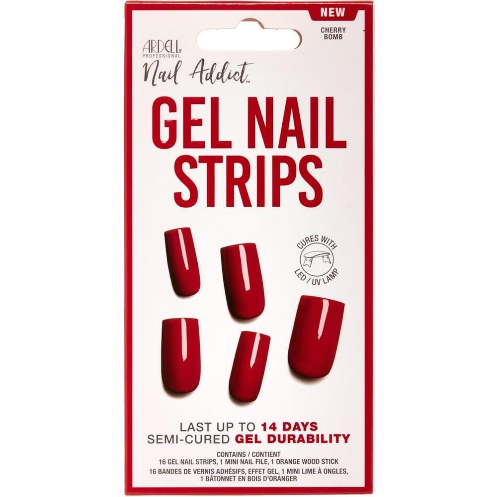 Verpackung mit 16 Ardell Nail Addict Gel-Nagelstreifen in Cherry Bomb.