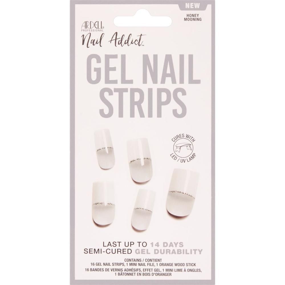 Verpackung mit 16 Ardell Nail Addict Gel-Nagelstreifen in "Honey Mooning". Hält bis zu 14 Tage.