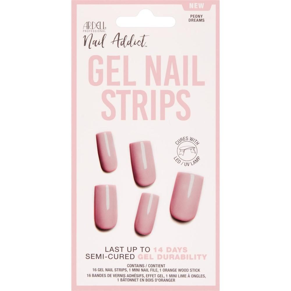 Verpackung mit 16 ARDELL Gel-Nagelstreifen in Rosa, inklusive Nagelfeile und Orangenholzstäbchen.