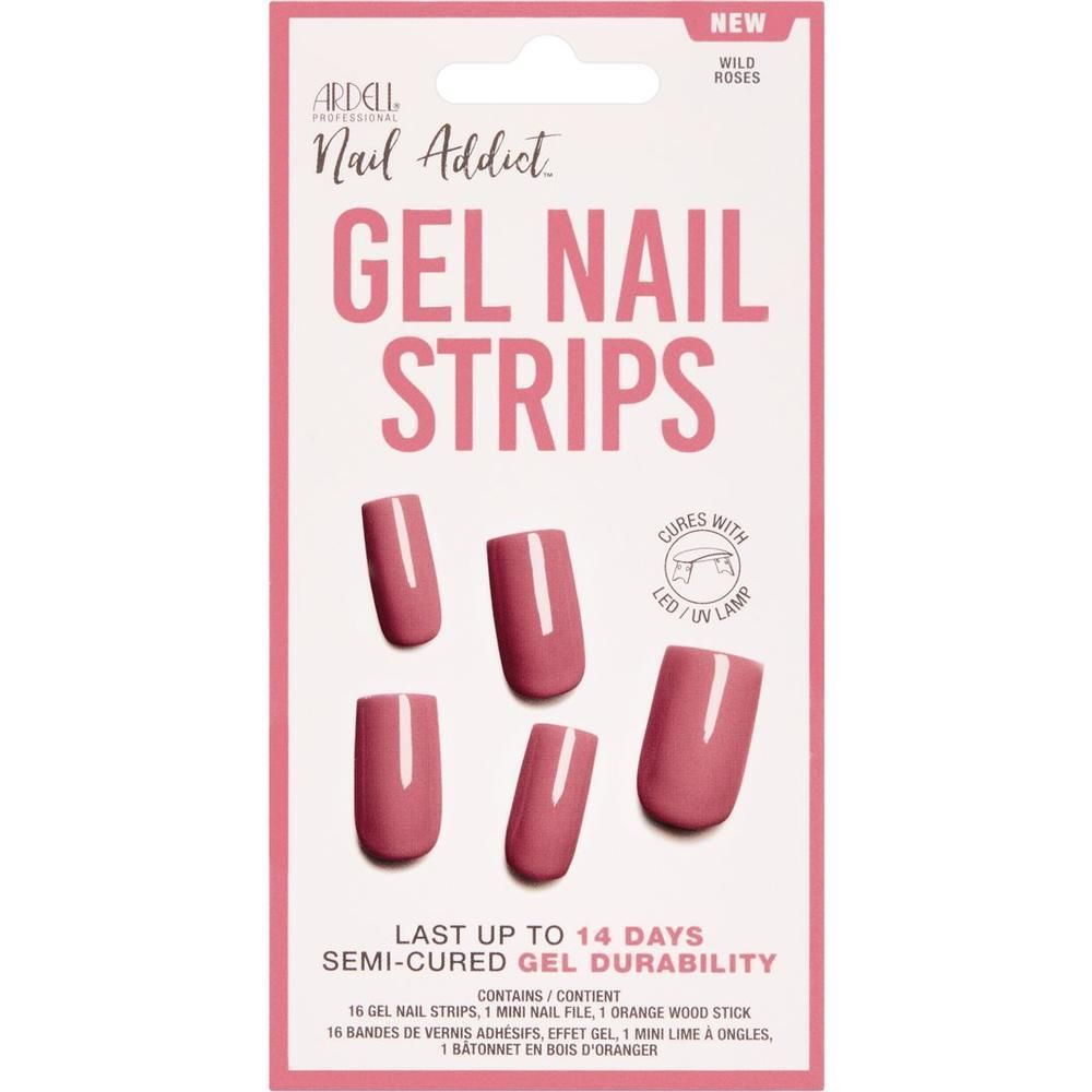 Verpackung mit 16 rosa Gel-Nagelstreifen 'Wild Roses' von Ardell Nail Addict.