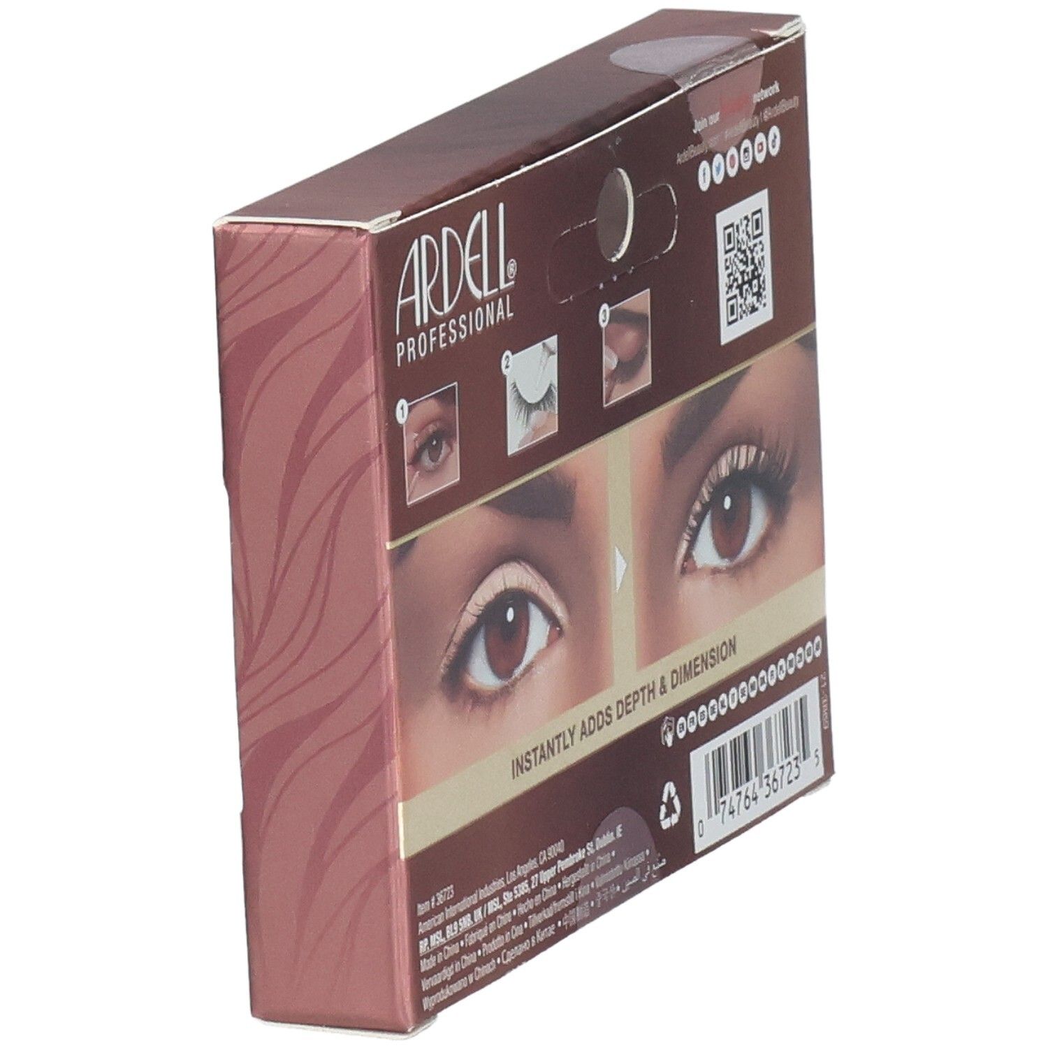 Verpackung für Ardell Wimpern mit Anwendungshinweisen und Produktbildern.