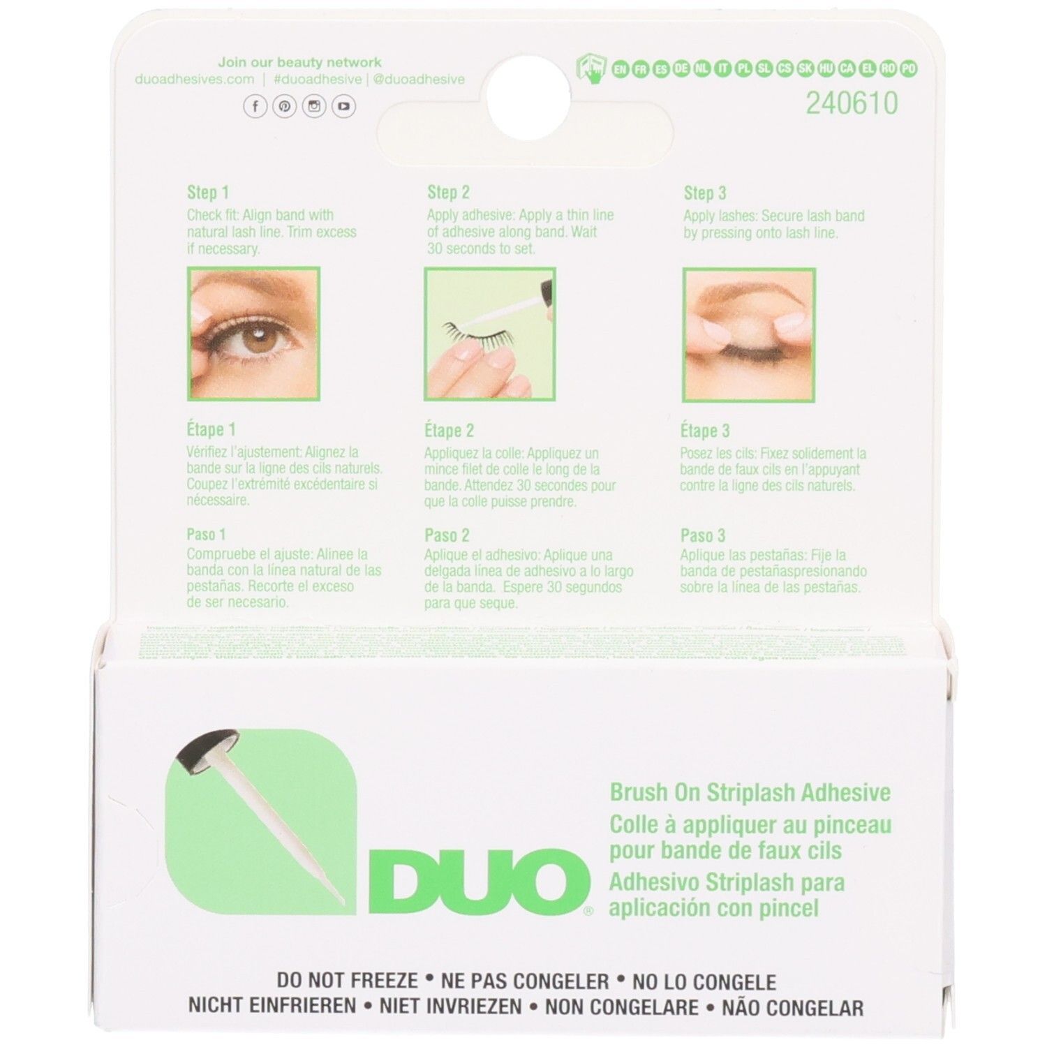 Rückseite der DUO Wimpernkleber-Verpackung mit Anwendungshinweisen.