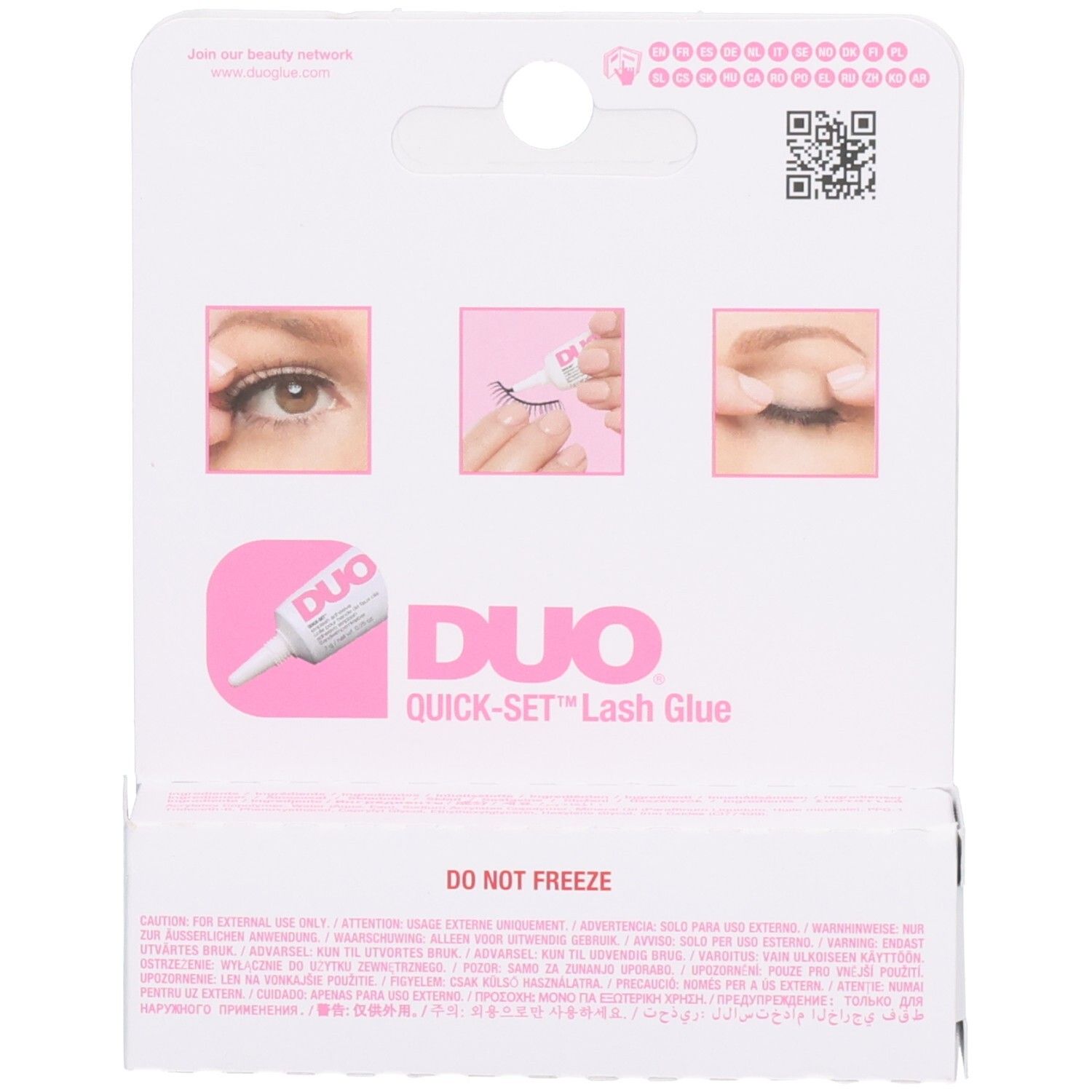 Rückseite der Verpackung: DUO QUICK-SET Lash Glue, dunkel. Mit Anwendungshinweisen.