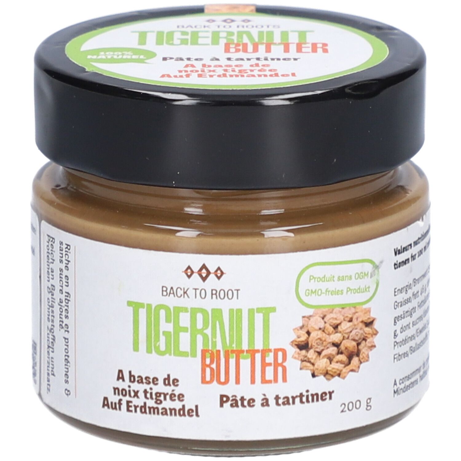 Glas mit Tigernussbutter. Deckel mit Aufschrift. Etikett mit Produktinformationen und Tigernüssen.