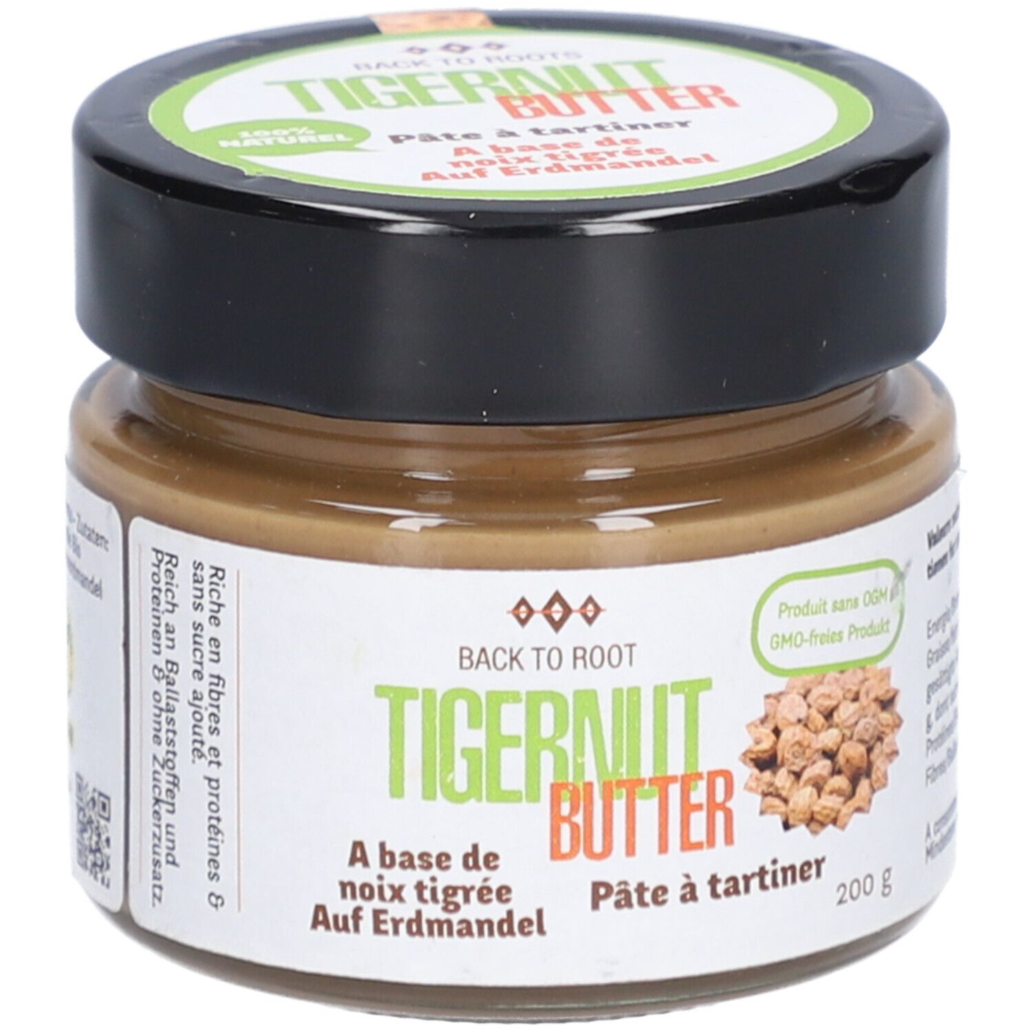 Glas mit Tigernussbutter. Etikett mit Produktnamen und Tigernüssen. Schwarzer Deckel.