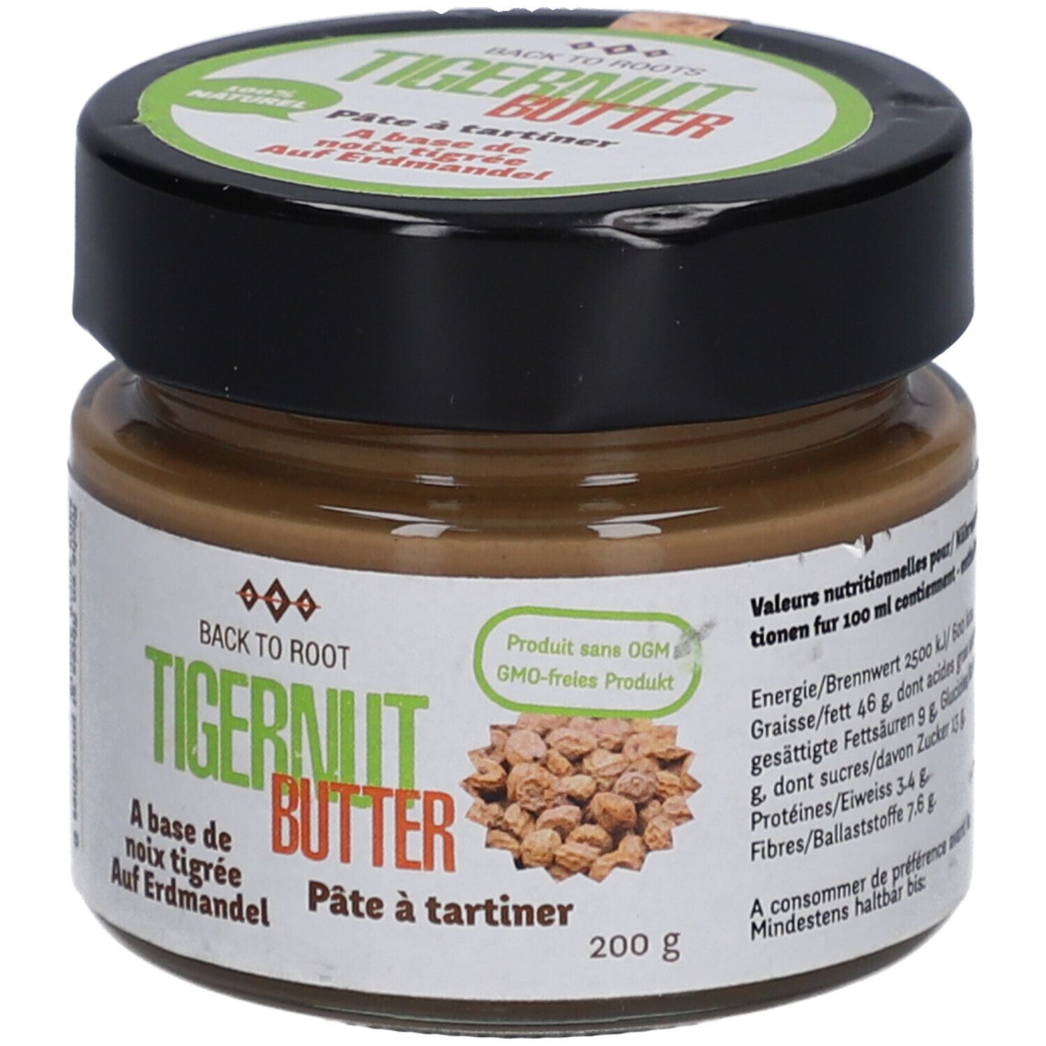 Glas mit Tigernussbutter. Etikett mit Nährwertangaben. Schwarzer Deckel. 200g.