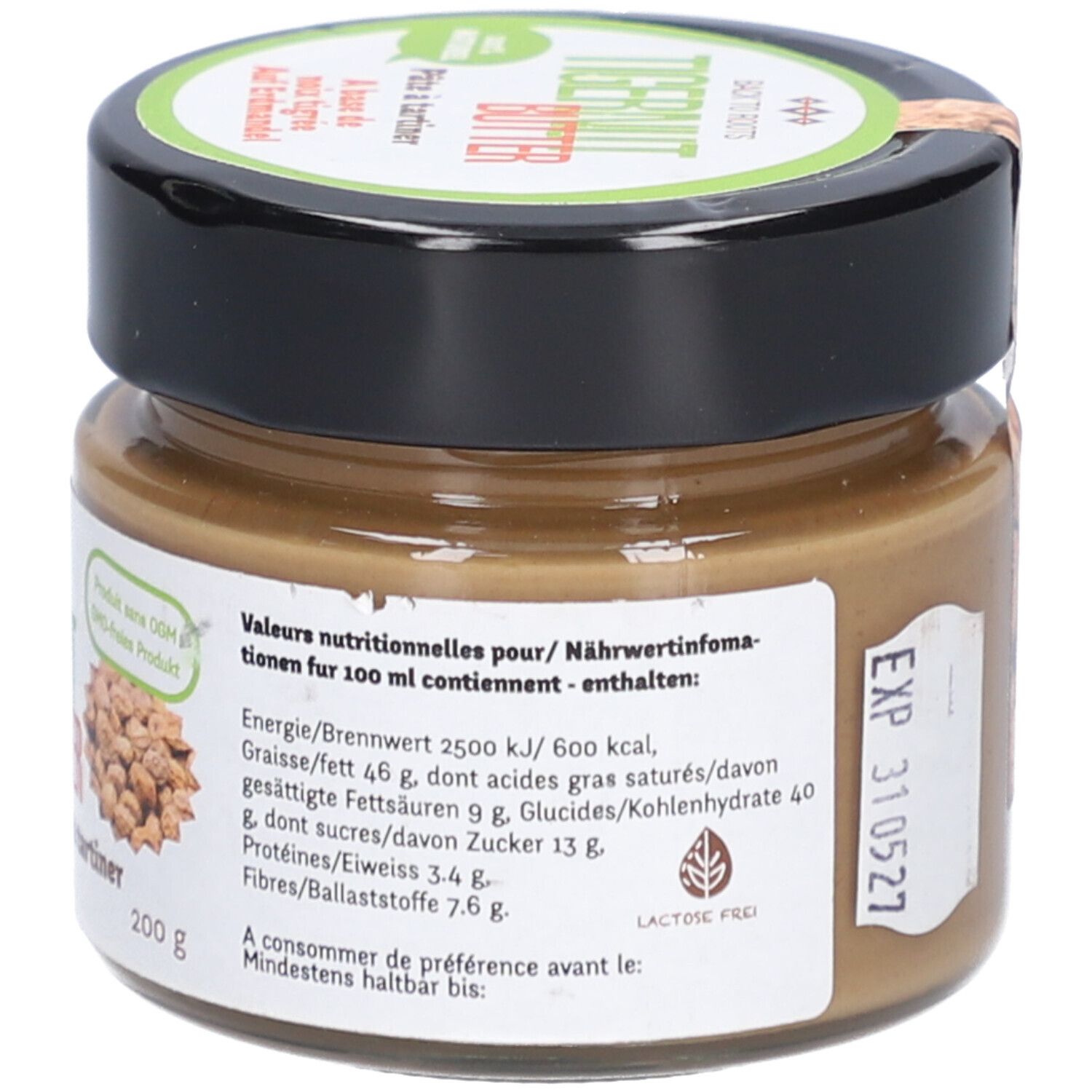 Glas mit Tigernussbutter. Etikett mit Nährwertangaben und Mindesthaltbarkeitsdatum. 200g.