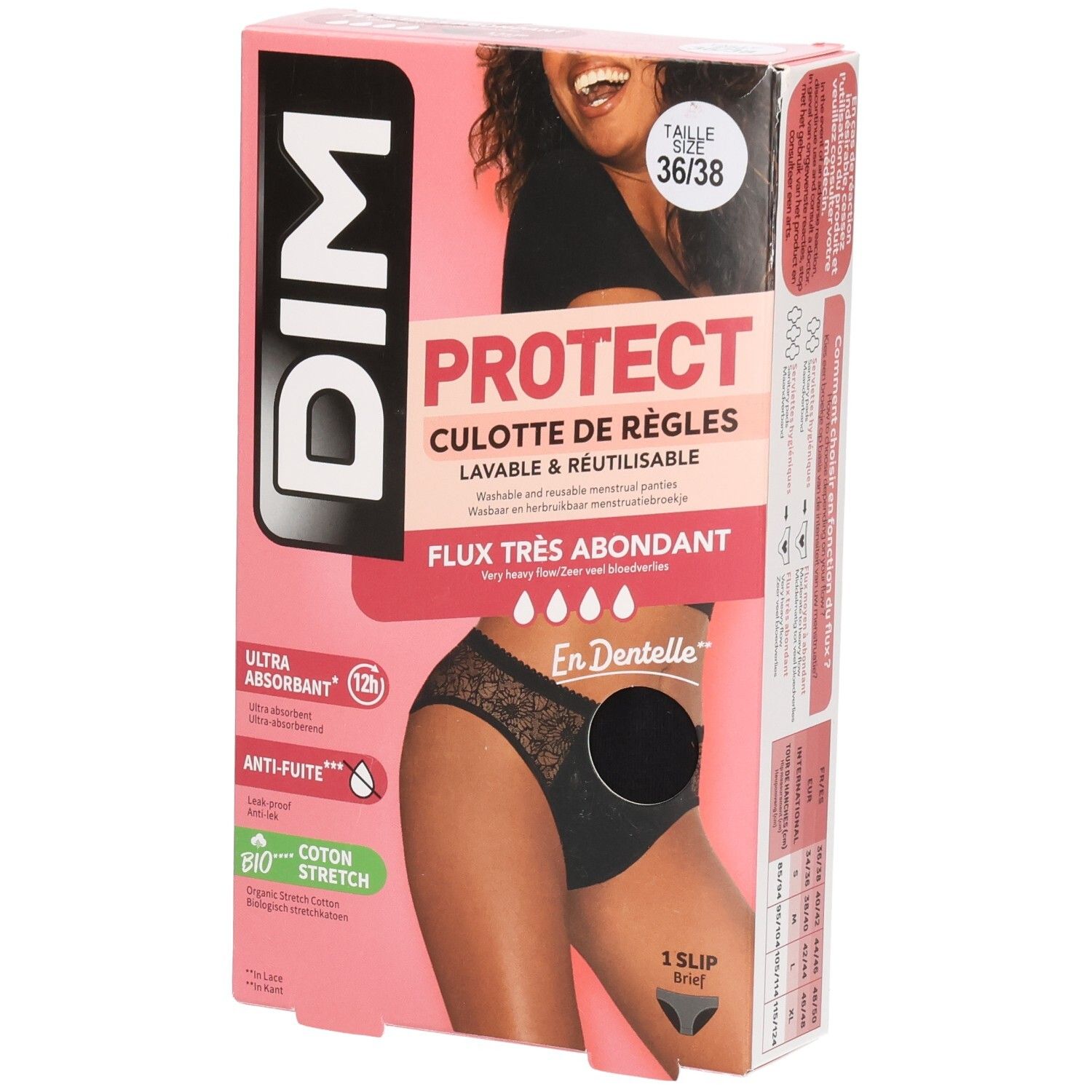 Verpackung DIM Protect Menstruationsslip. Größe 36/38. Schwarzer Slip mit Spitze. Sehr starker Blutfluss. Waschbar und wiederverwendbar.
