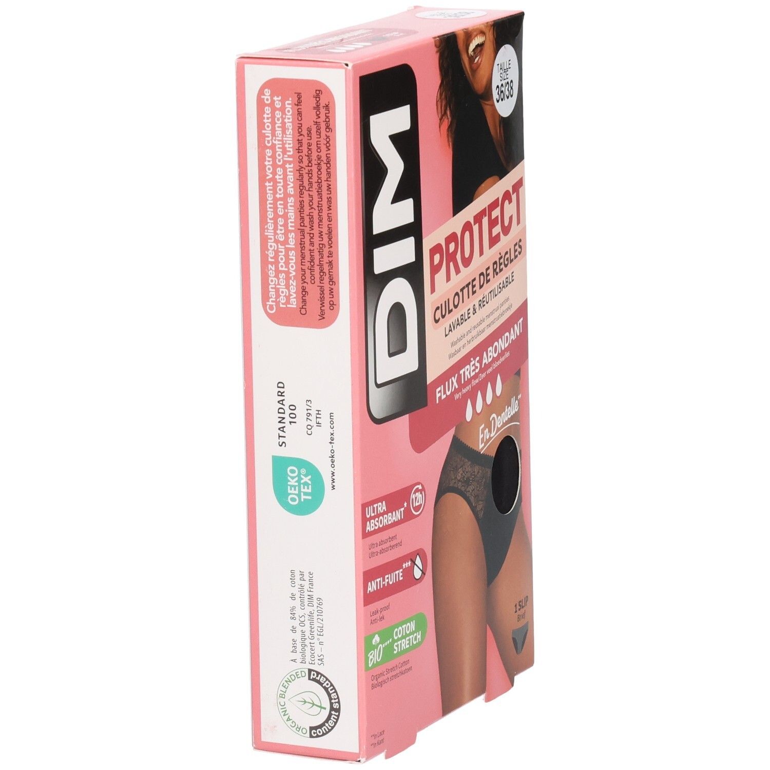 Seitenansicht der DIM Protect Verpackung. Größe 36/38. Text und Logo. Öko-Tex Standard 100 Zertifizierung.