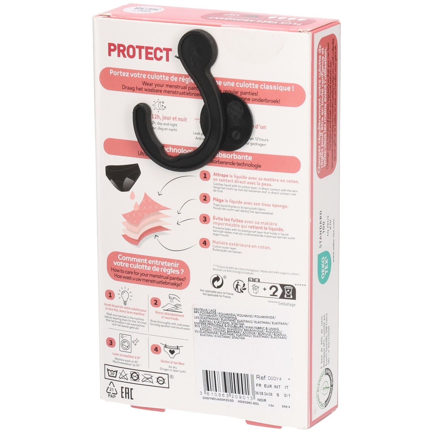 Rückseite der DIM Protect Verpackung. Produktinformationen und Anweisungen. Waschsymbole. Öko-Tex Standard 100.