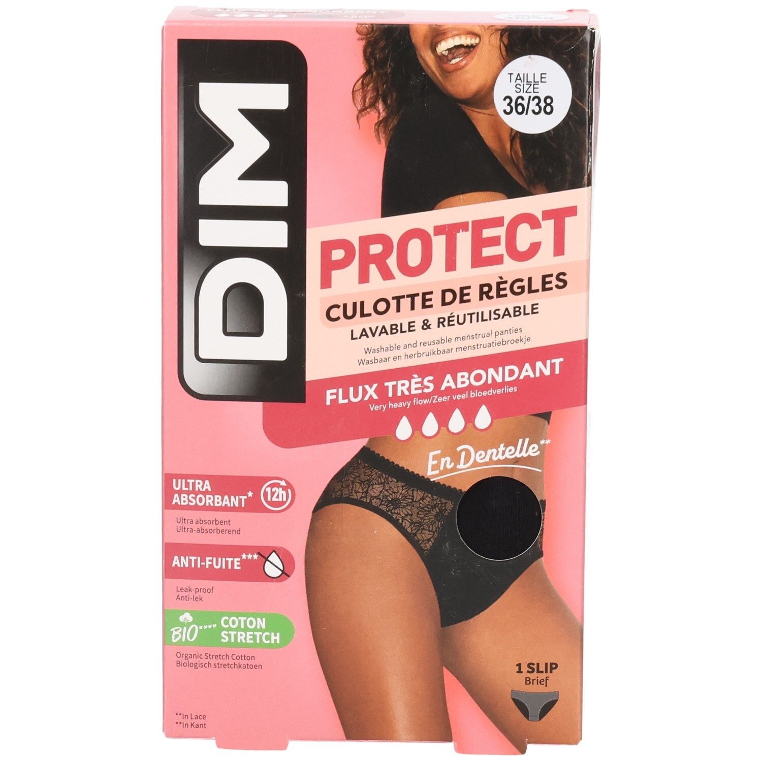 DIM Protect Menstruationsslip Verpackung. Größe 36/38. Schwarzer Slip mit Spitze. Sehr starker Blutfluss. Waschbar und wiederverwendbar.
