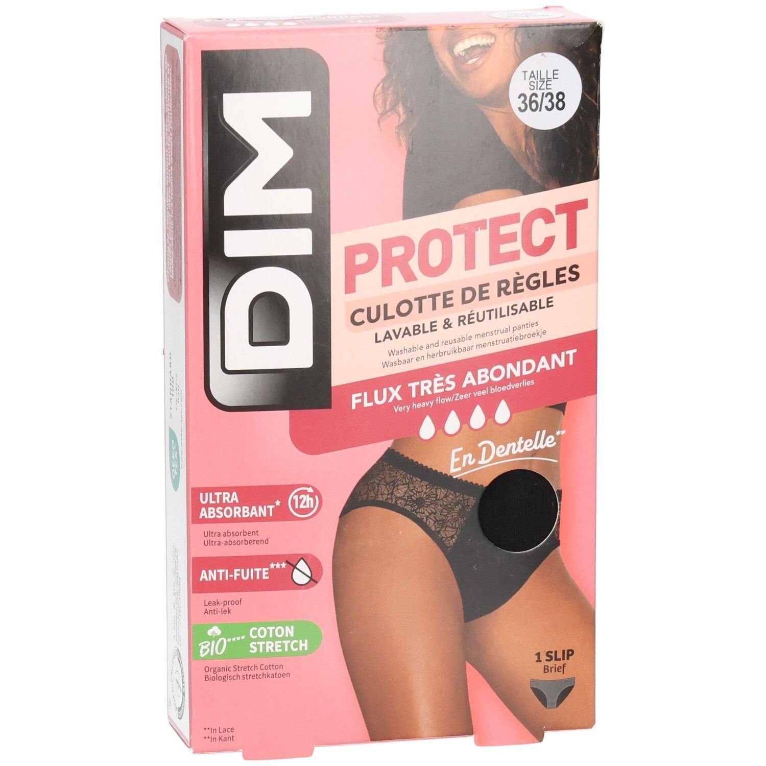 DIM Protect Menstruationsslip Verpackung. Größe 36/38. Schwarzer Slip mit Spitze. Sehr starker Blutfluss. Waschbar und wiederverwendbar.