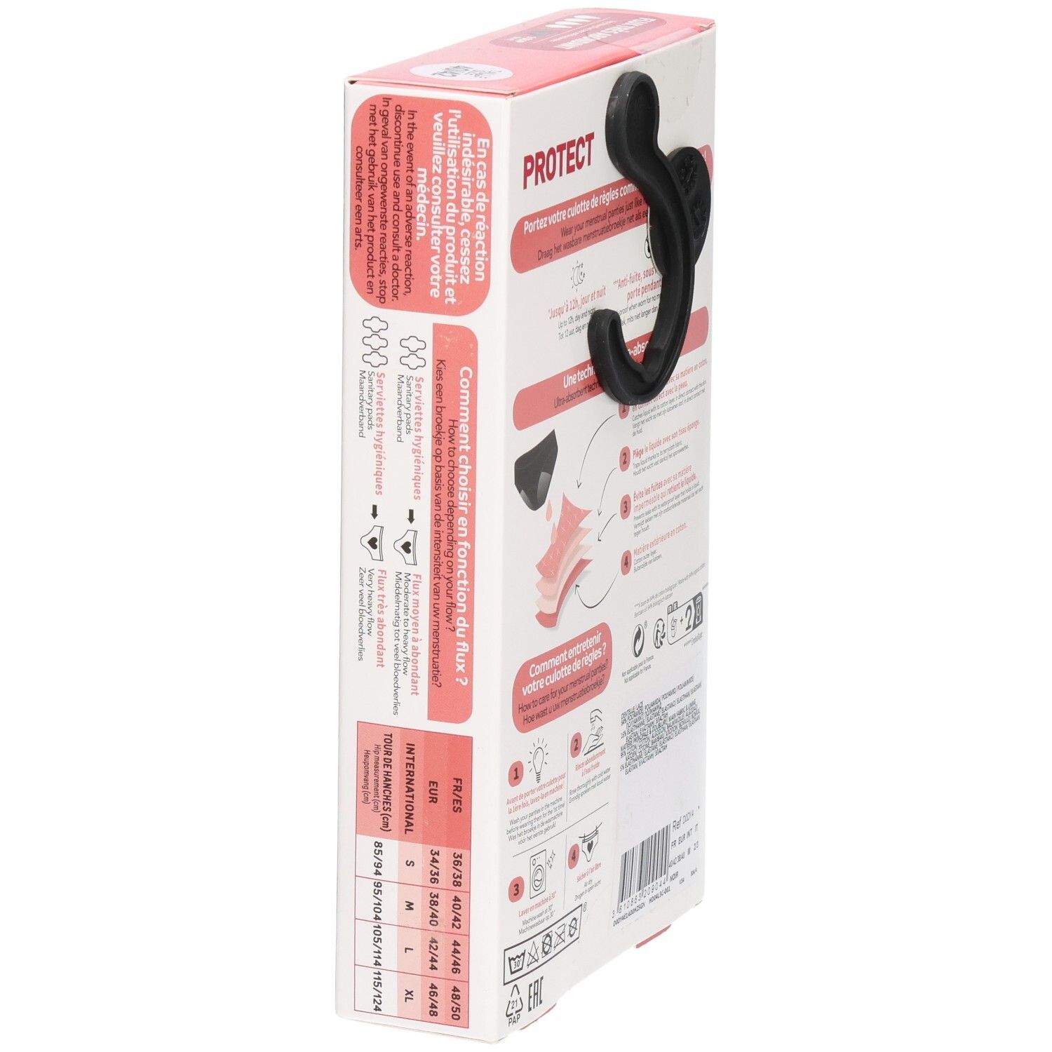 Seitenansicht der DIM-Verpackung. Informationen zur Auswahl des Slips basierend auf dem Blutfluss. Größentabelle. Rosa-weiße Box.