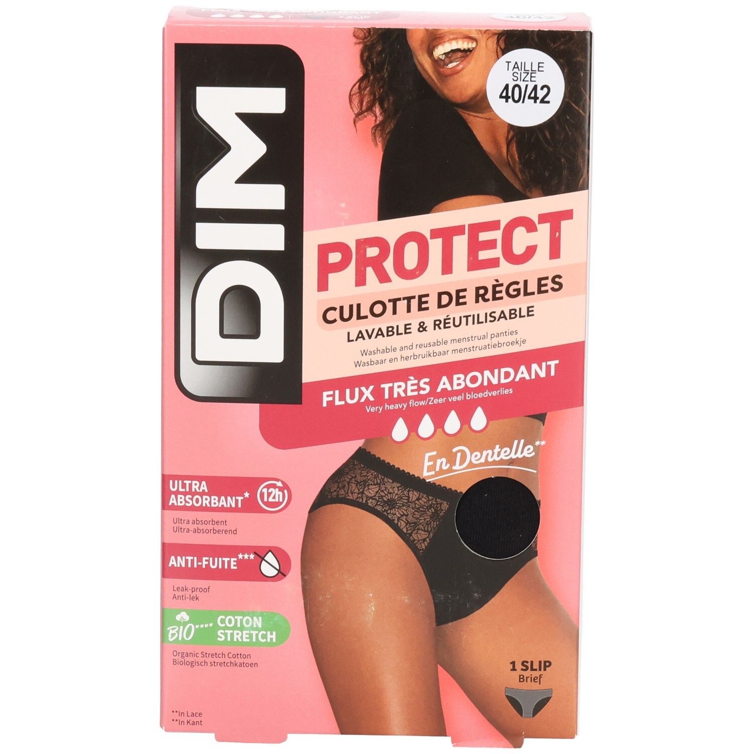 DIM-Verpackung, Vorderansicht. Rosa-weiße Box mit Produktabbildung und Text. Größe 40/42. Sehr starker Blutfluss.