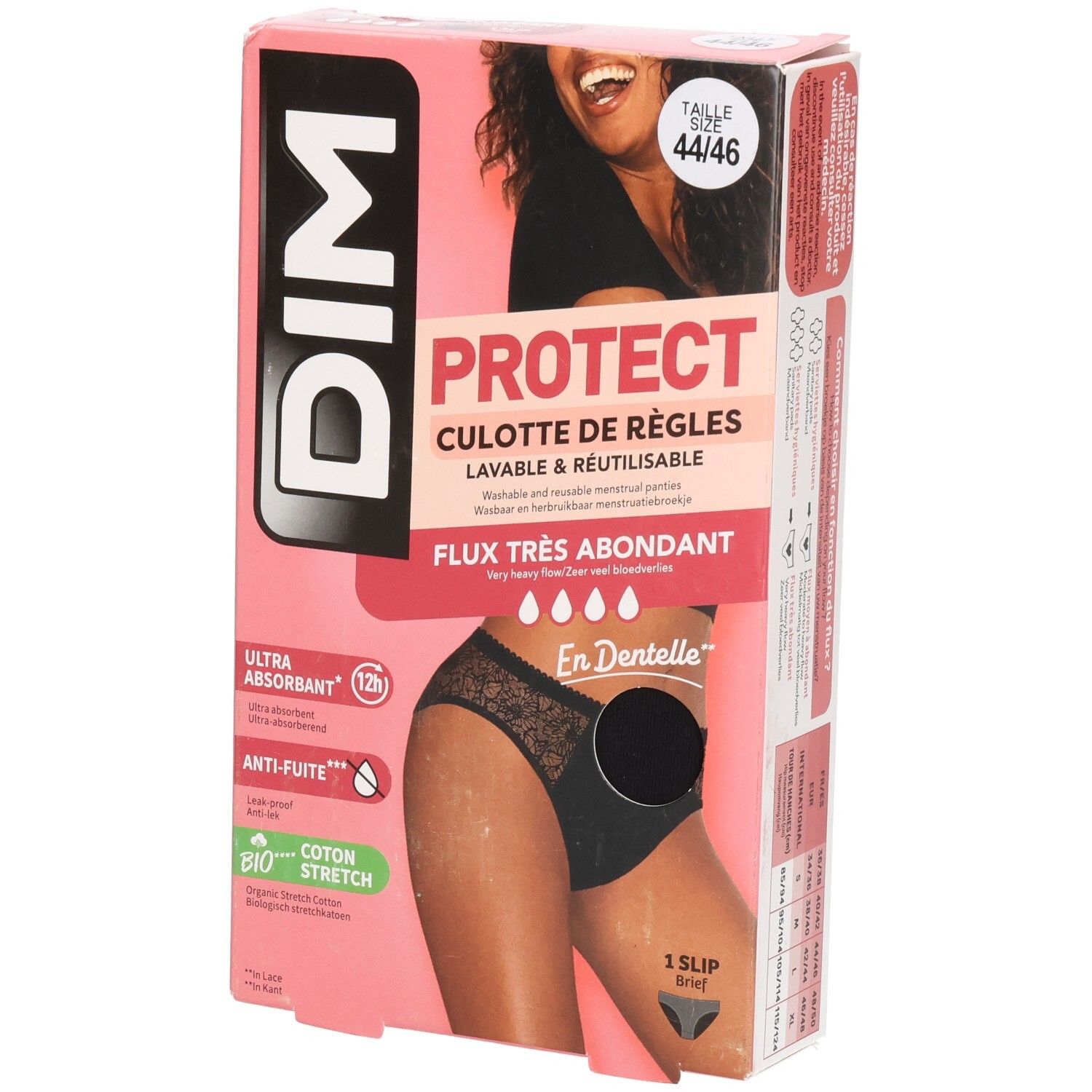 Verpackung DIM Protect Menstruationsslip, Größe 44-46. Schwarzer Slip, sehr starker Blutfluss, ultra-saugfähig, Anti-Auslauf.