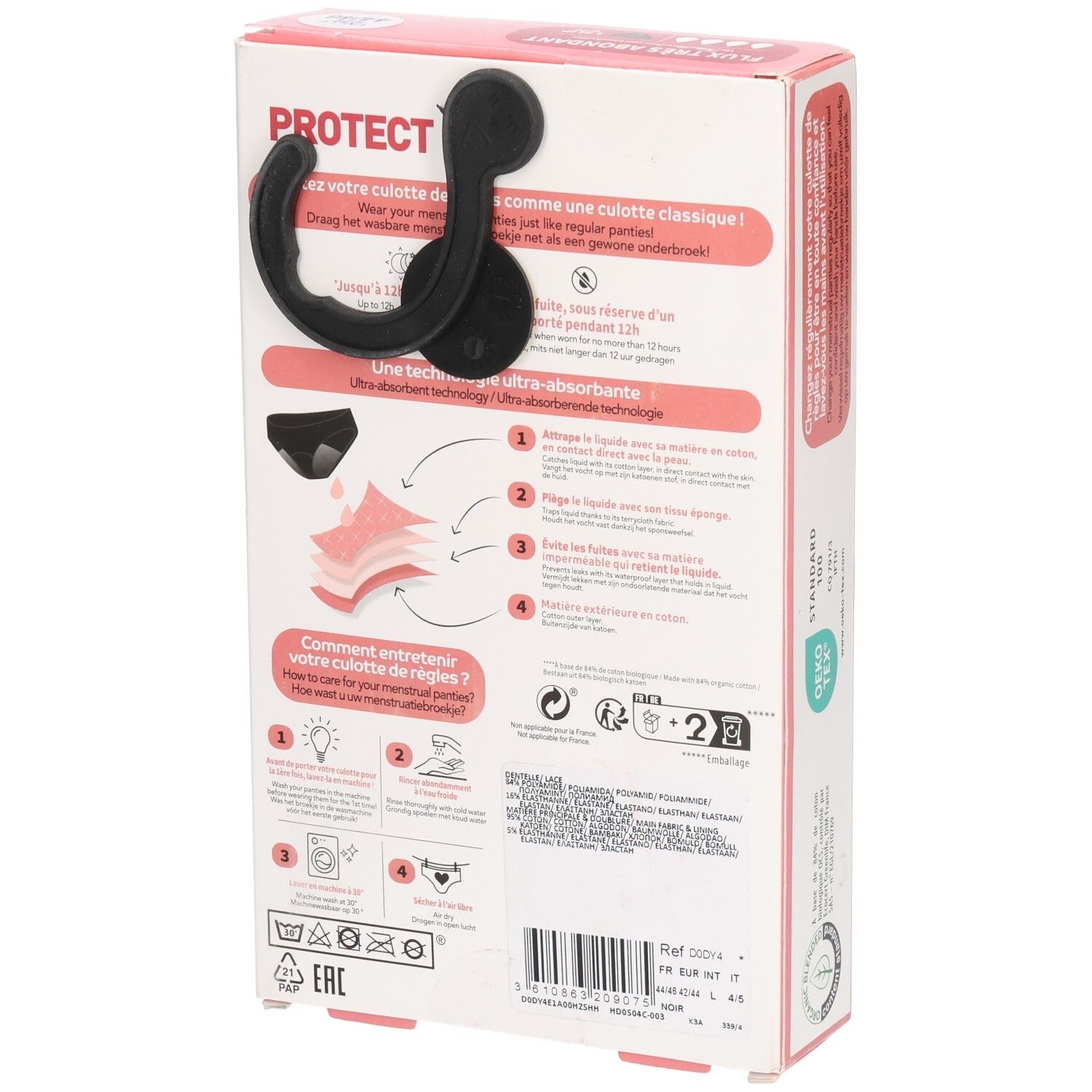 Rückseite der DIM Protect Verpackung. Informationen zur Verwendung und Pflege. Waschsymbole. Schwarzer Slip.