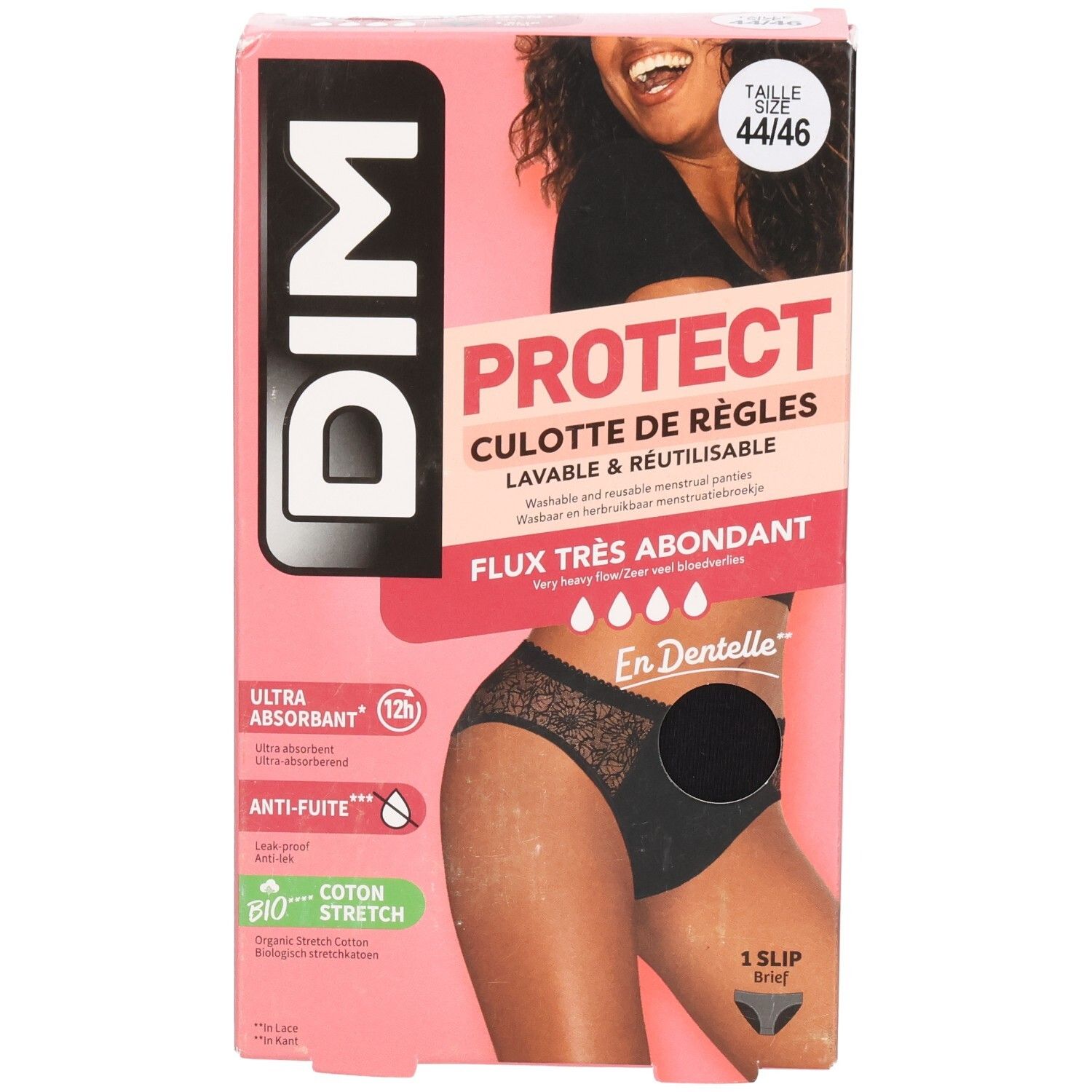 DIM Protect Verpackung, Größe 44-46. Schwarzer Slip, sehr starker Blutfluss, ultra-saugfähig, Anti-Auslauf, Bio-Baumwolle.