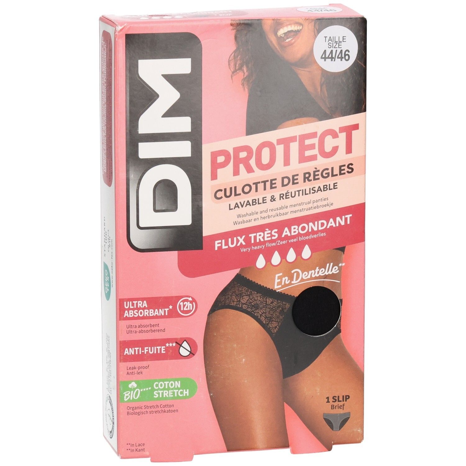DIM Protect Verpackung, Größe 44-46. Schwarzer Slip, sehr starker Blutfluss, ultra-saugfähig, Anti-Auslauf, Bio-Baumwolle.