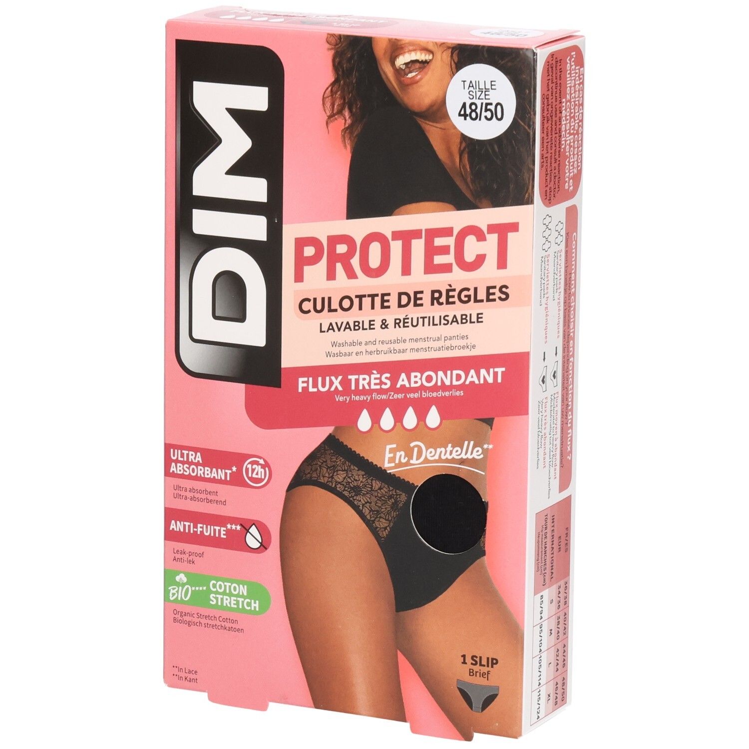 Verpackung DIM Protect Menstruationsslip, Größe 48/50, schwarz. Aufdruck: Ultra absorbierend, Anti-Auslauf, Bio-Baumwolle.