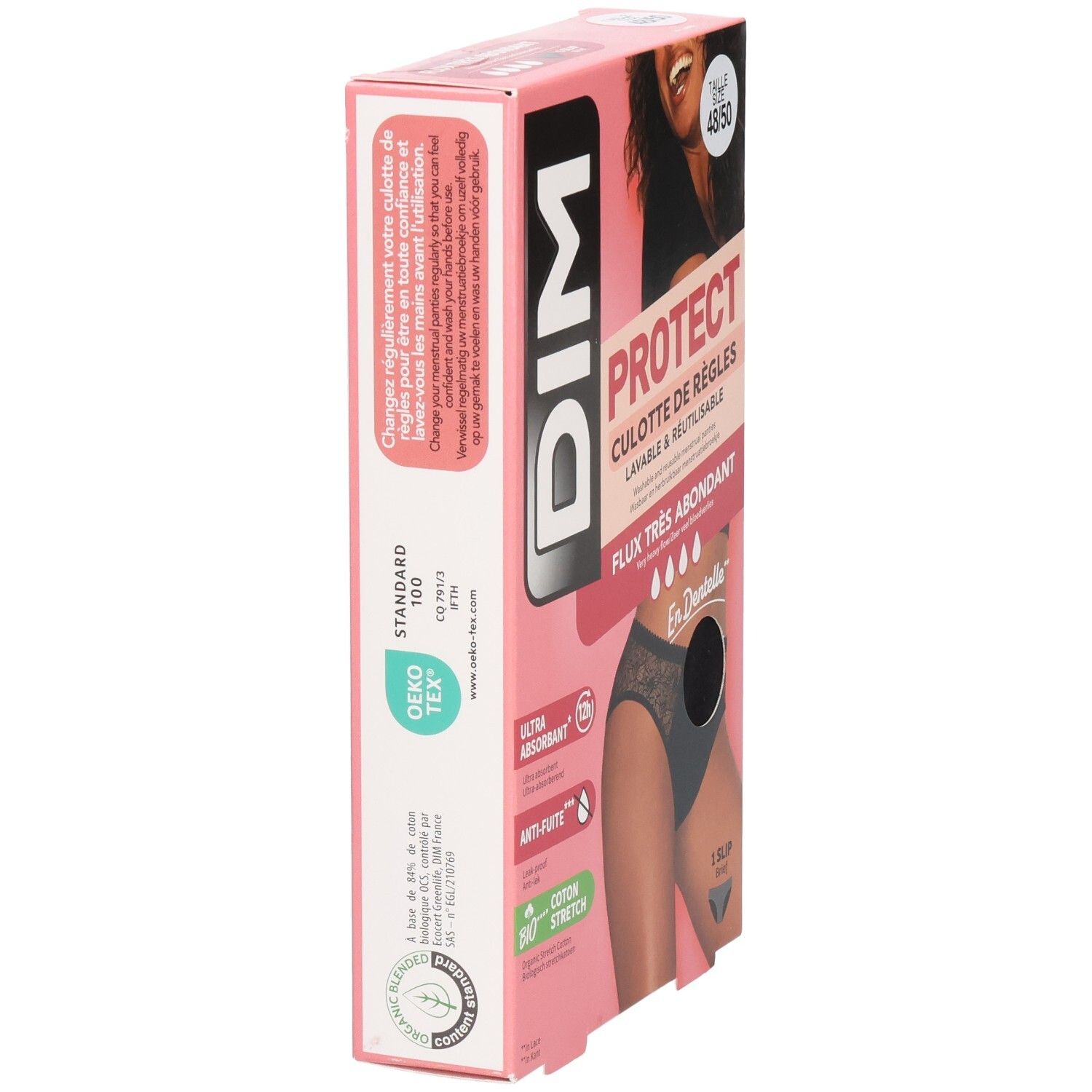 Verpackung DIM Protect Menstruationsslip, Größe 48/50. Aufdruck: Oeko-Tex Standard 100. Rückseite mit Produktinformationen.