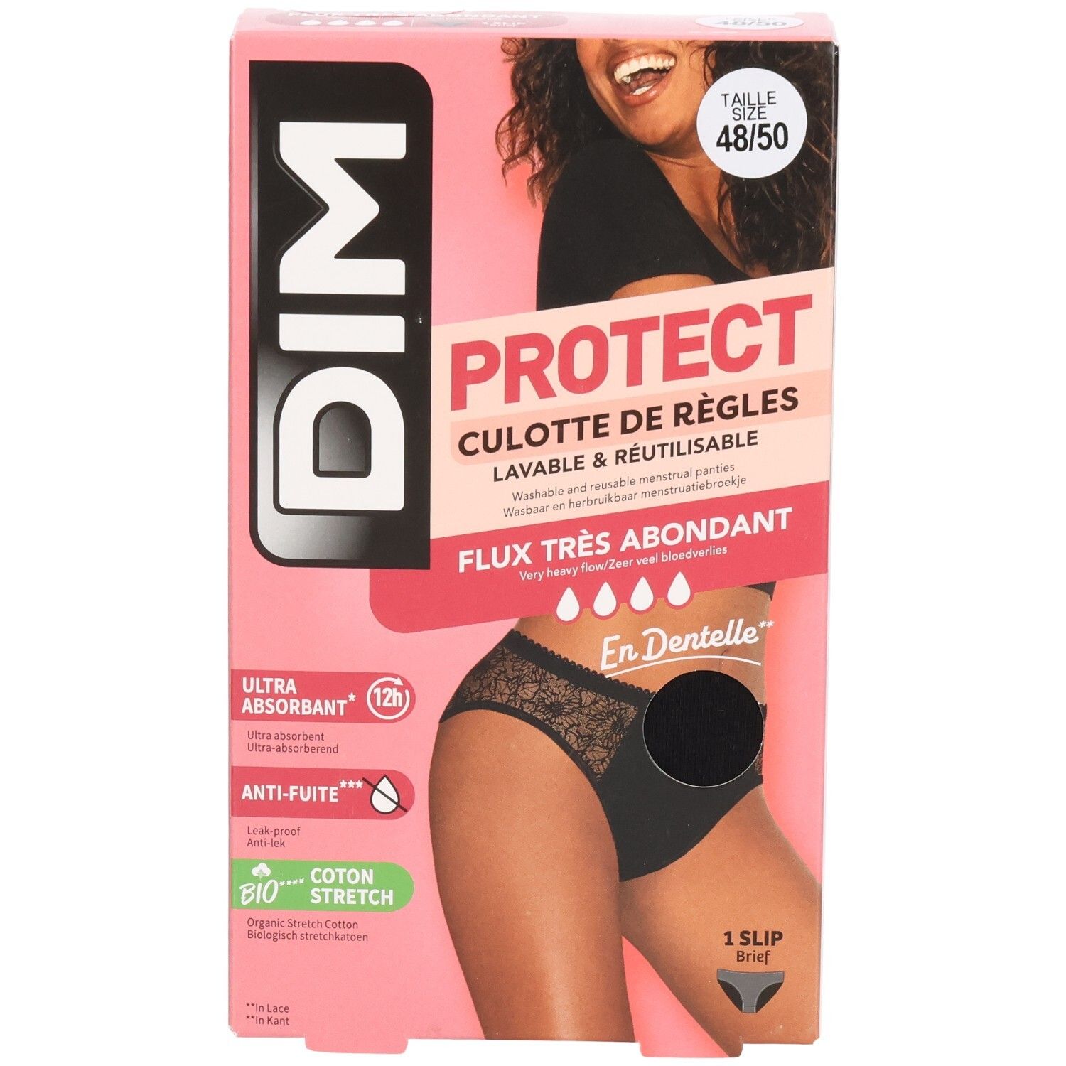 Verpackung DIM Protect Menstruationsslip, Größe 48/50, schwarz. Aufdruck: Ultra absorbierend, Anti-Auslauf, Bio-Baumwolle.