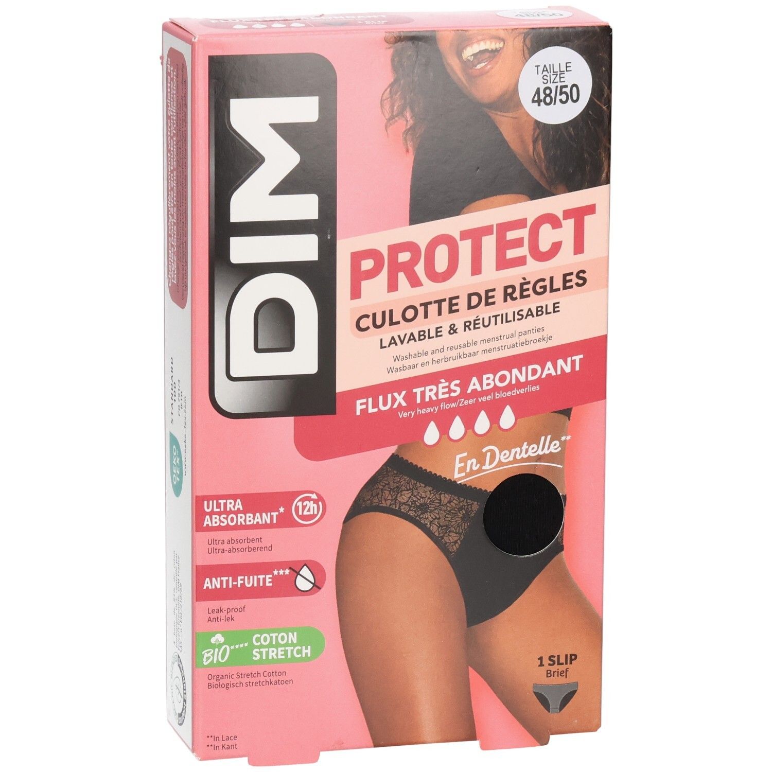 Verpackung DIM Protect Menstruationsslip, Größe 48/50, schwarz. Aufdruck: Ultra absorbierend, Anti-Auslauf, Bio-Baumwolle.