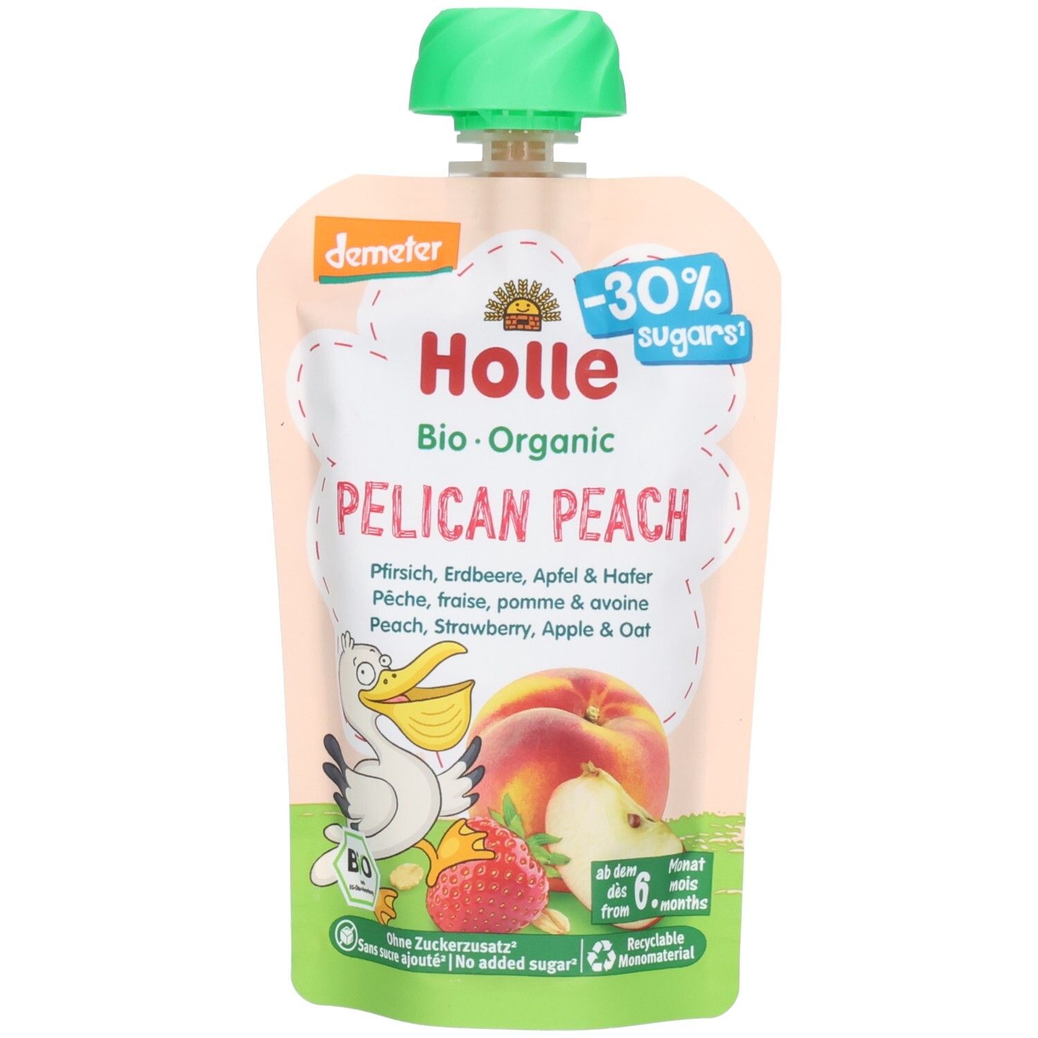 Holle Pouchy Pelican Peach: Bio-Fruchtpüree mit Pfirsich, Erdbeere, Apfel & Hafer. Demeter-zertifiziert.
