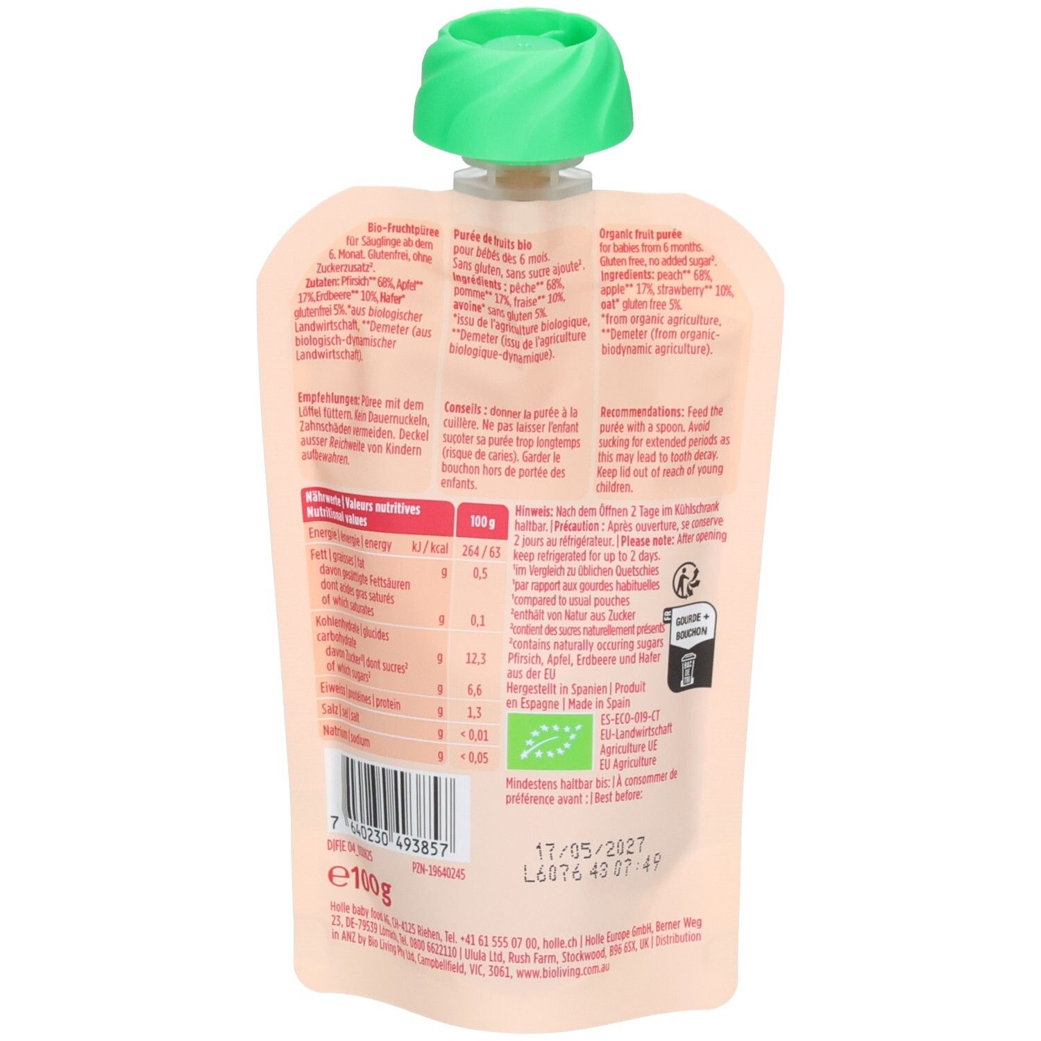 Rückseite der Holle Pouchy Pelican Peach: Nährwertangaben und Bio-Siegel. 100g.