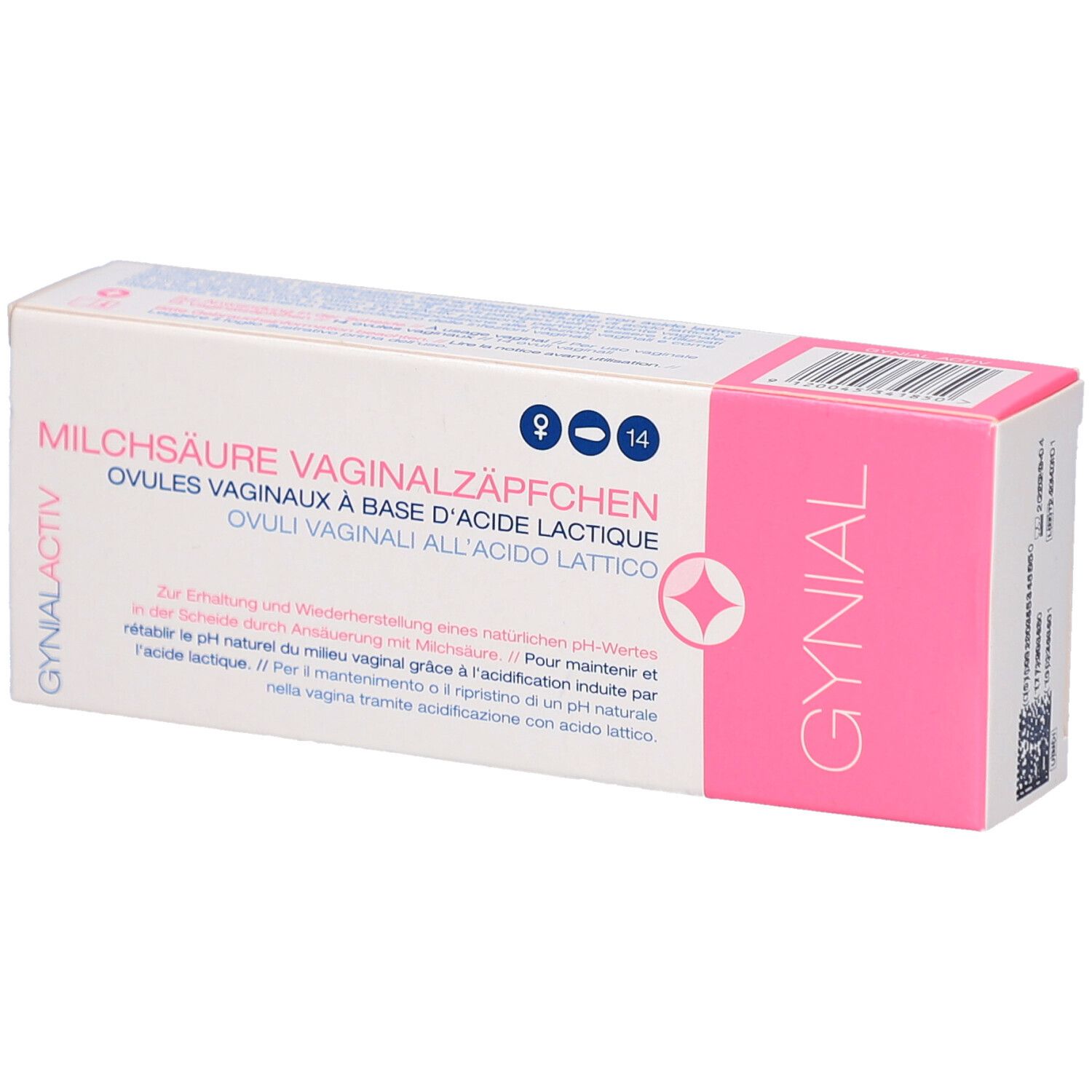 Boîte de GYNIAL ACTIV Ovules vaginaux à l'acide lactique. Rose et blanc. Texte: Ovules vaginaux, 14 unités.