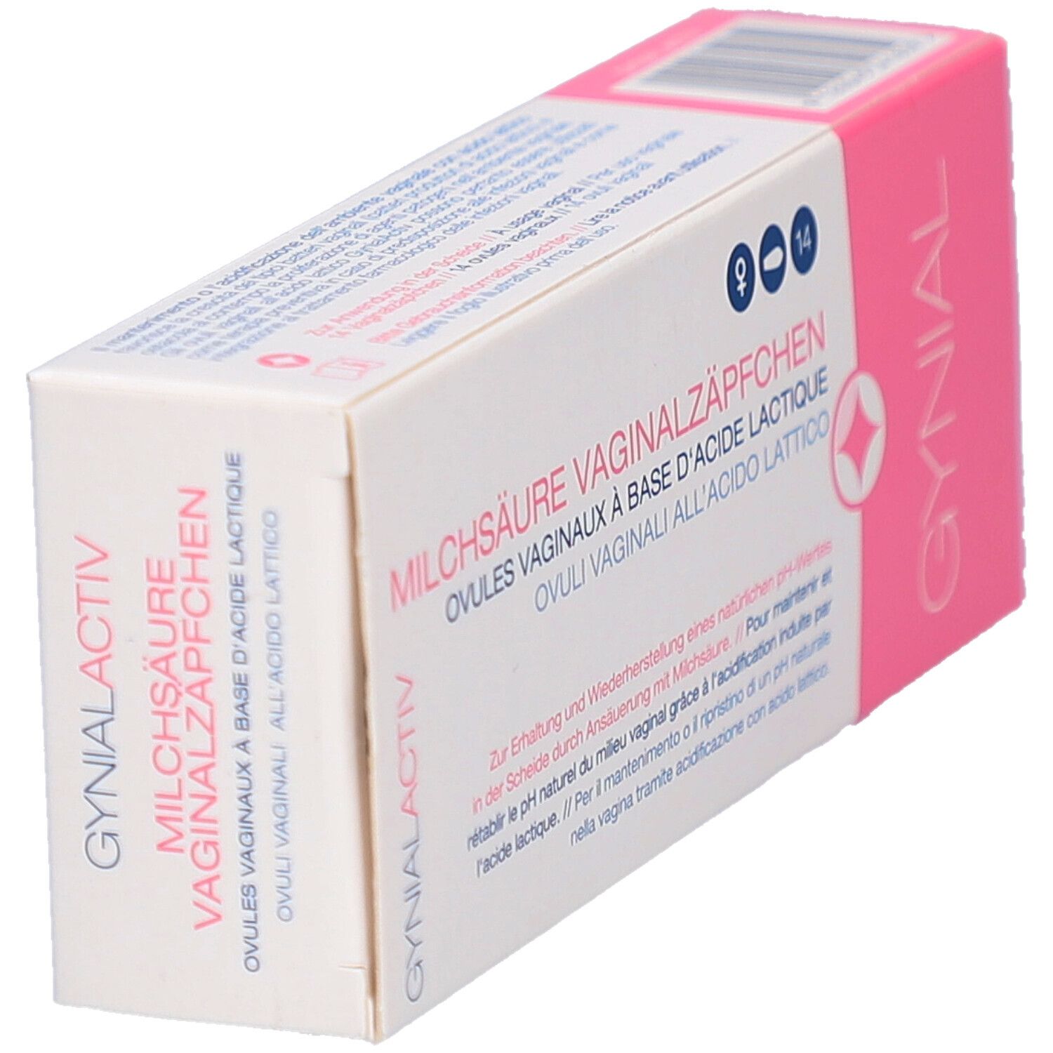 Boîte GYNIAL ACTIV. Rose et blanc. Texte: Ovules vaginaux, 14 unités. Vue en biais.