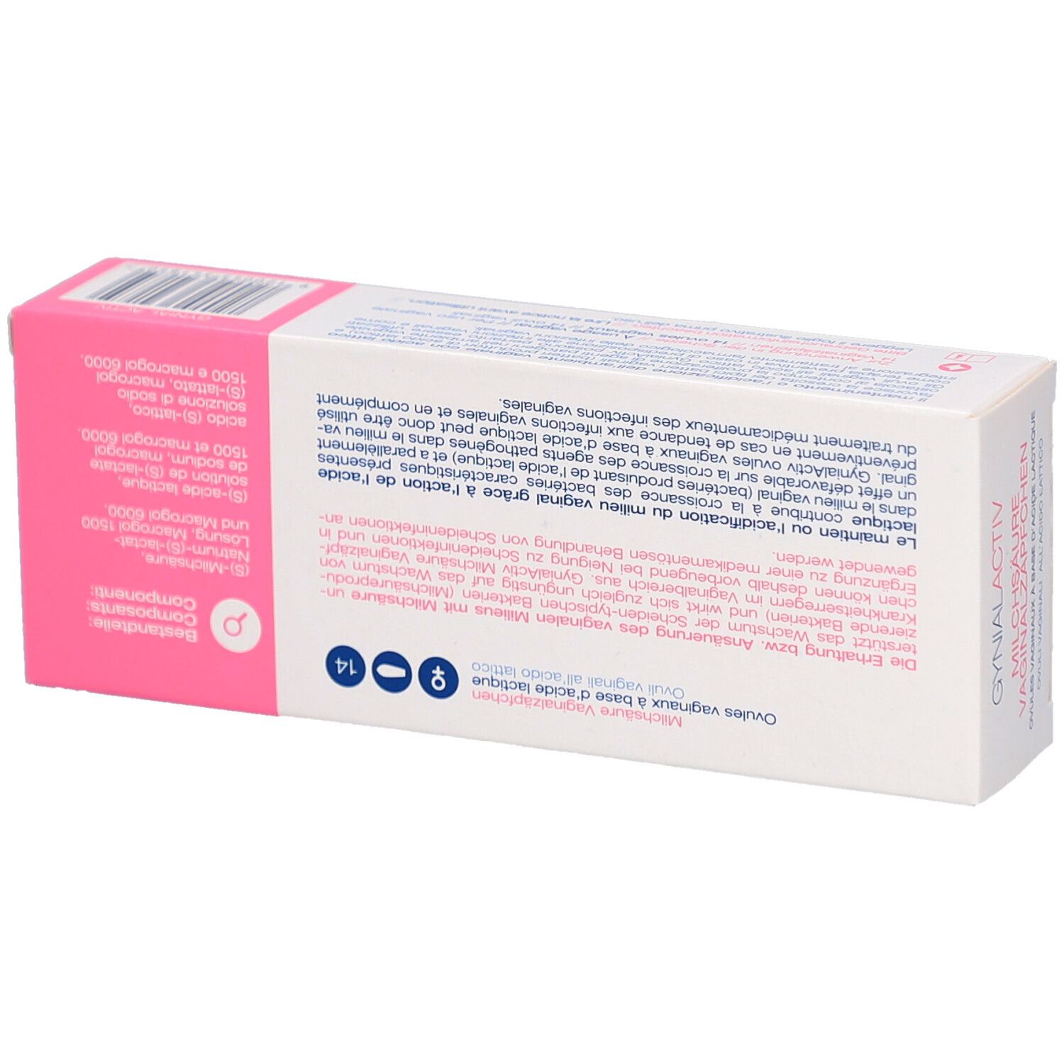 Dos de la boîte GYNIAL ACTIV. Texte: Ovules vaginaux à l'acide lactique. Rose et blanc.