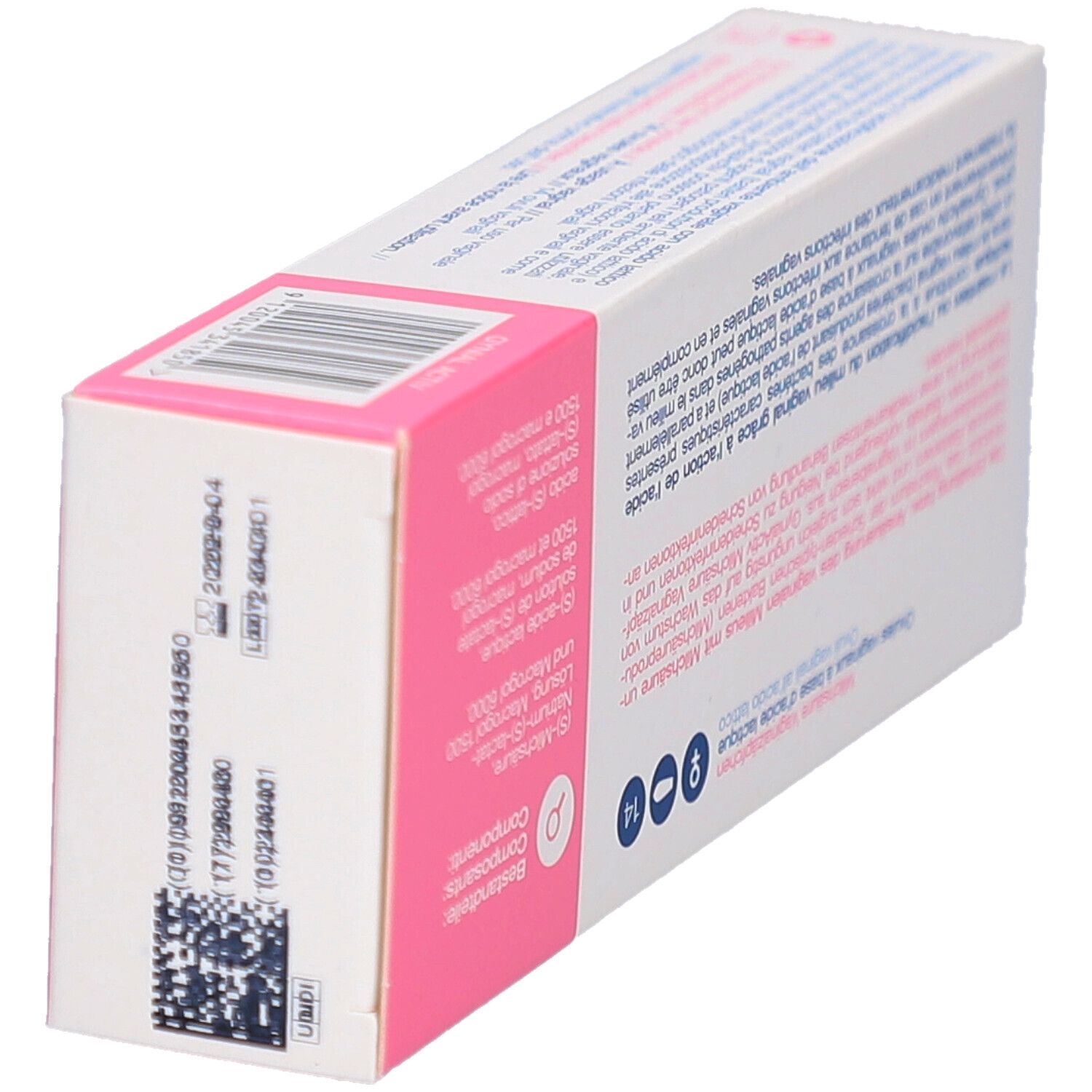 Boîte GYNIAL ACTIV. Texte: Ovules vaginaux. Rose et blanc. Vue détaillée du côté avec codes.