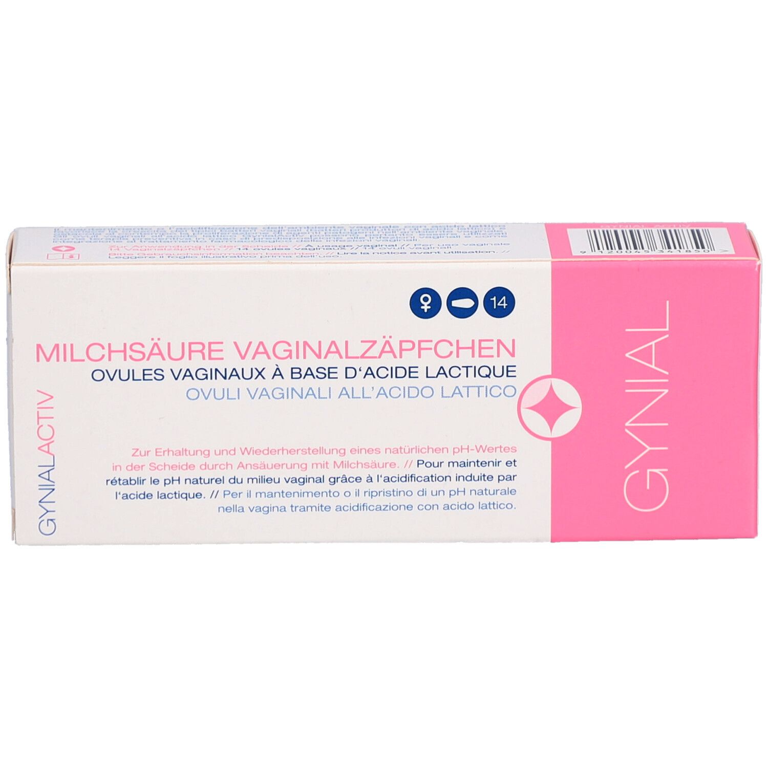Boîte GYNIAL ACTIV. Rose et blanc. Texte: Ovules vaginaux, 14 unités.