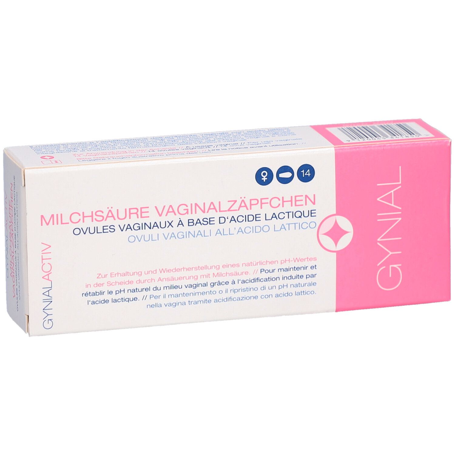 Boîte GYNIAL ACTIV. Rose et blanc. Texte: Ovules vaginaux, 14 unités.
