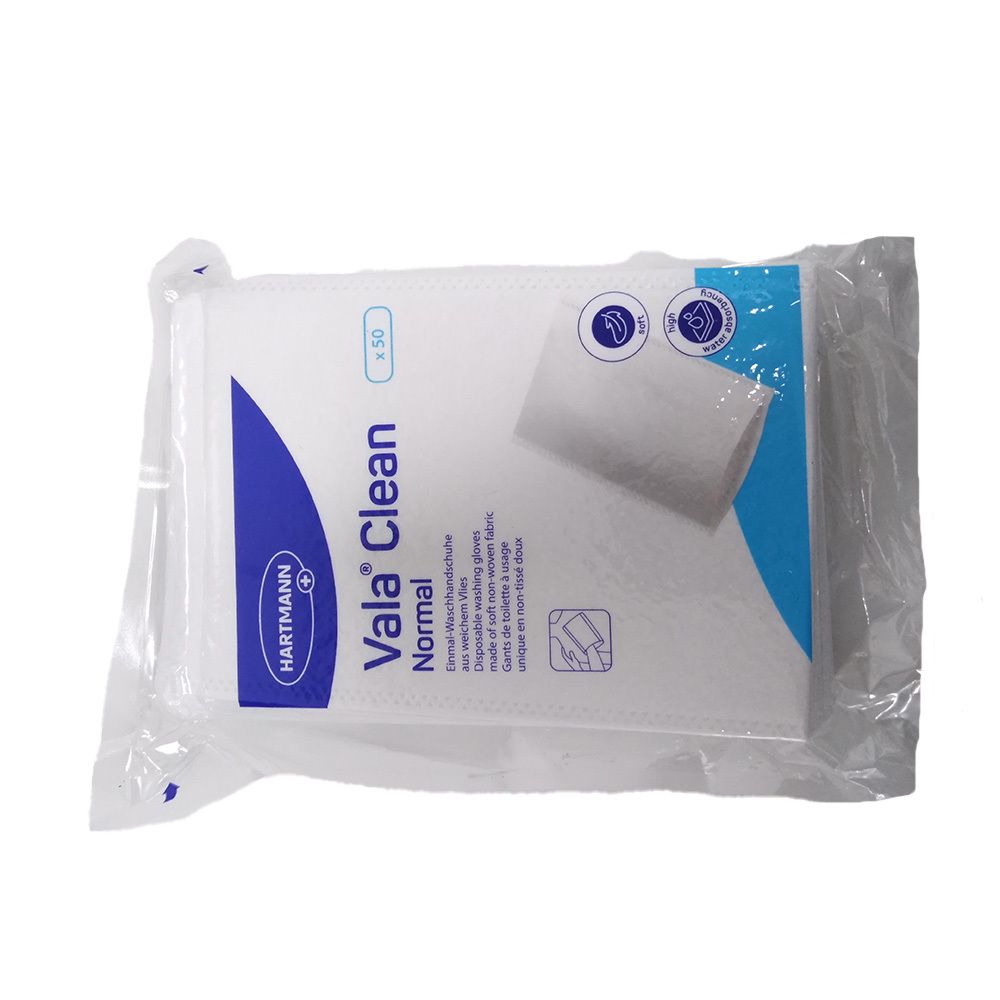 Verpackung mit weißen Waschhandschuhen. Aufdruck: ValaClean Normal, 50 Stück. Marke Hartmann. Blaue und weiße Verpackung.