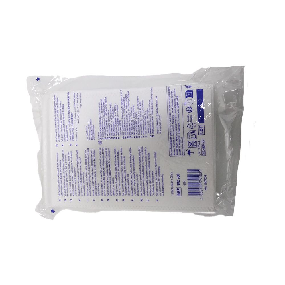 Rückseite der Verpackung mit weißen Waschhandschuhen. Text in mehreren Sprachen. Symbole für Pflege und Entsorgung.