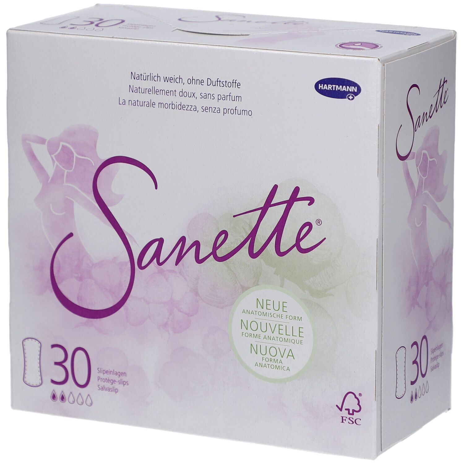 Weißer Karton mit Sanette-Schriftzug und Illustration. Enthält 30 Slipeinlagen. Text: Ohne Duftstoffe, neue anatomische Form.