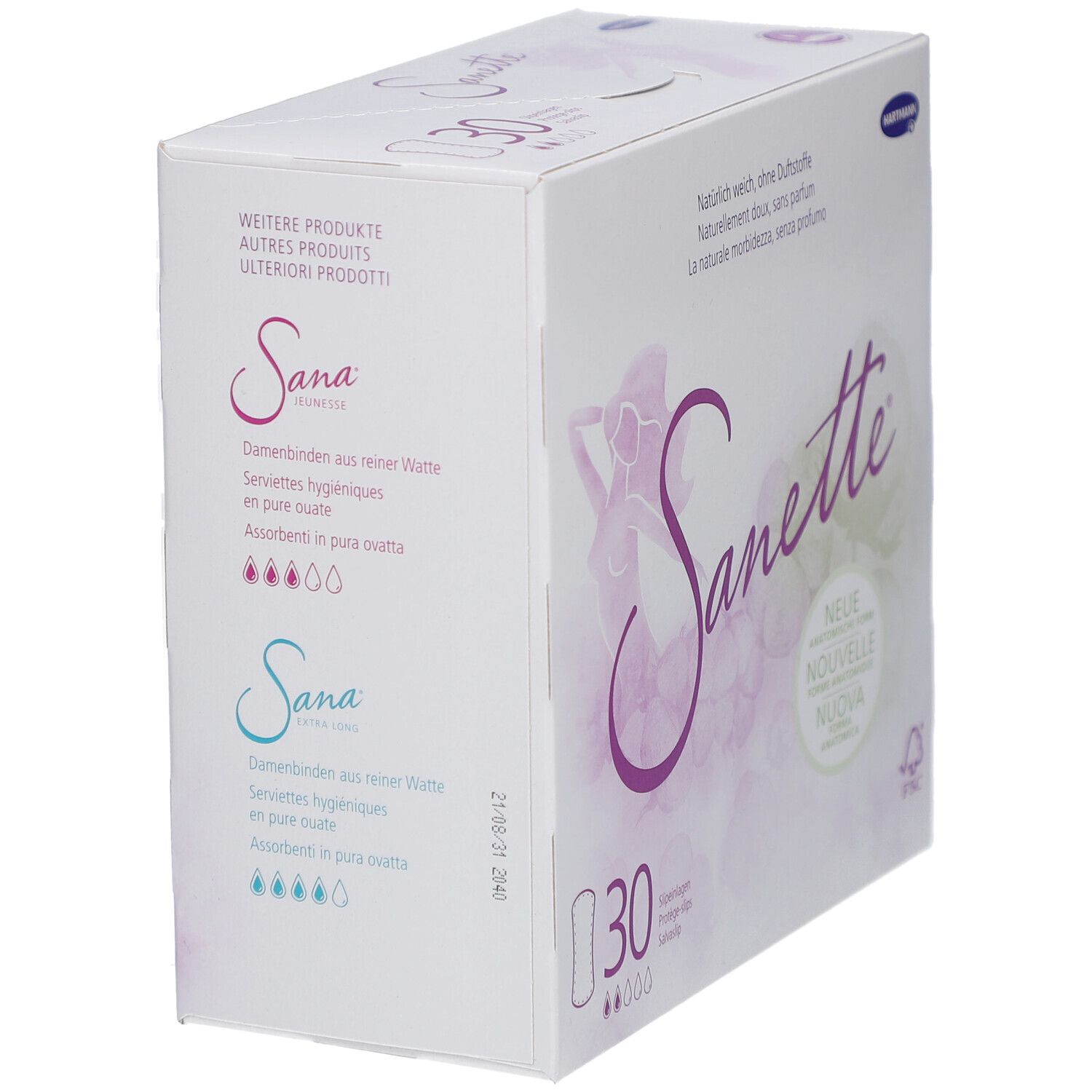 Karton Sanette, Seitenansicht. Enthält 30 Slipeinlagen. Text: Ohne Duftstoffe, neue anatomische Form. Sana-Markenlogo.