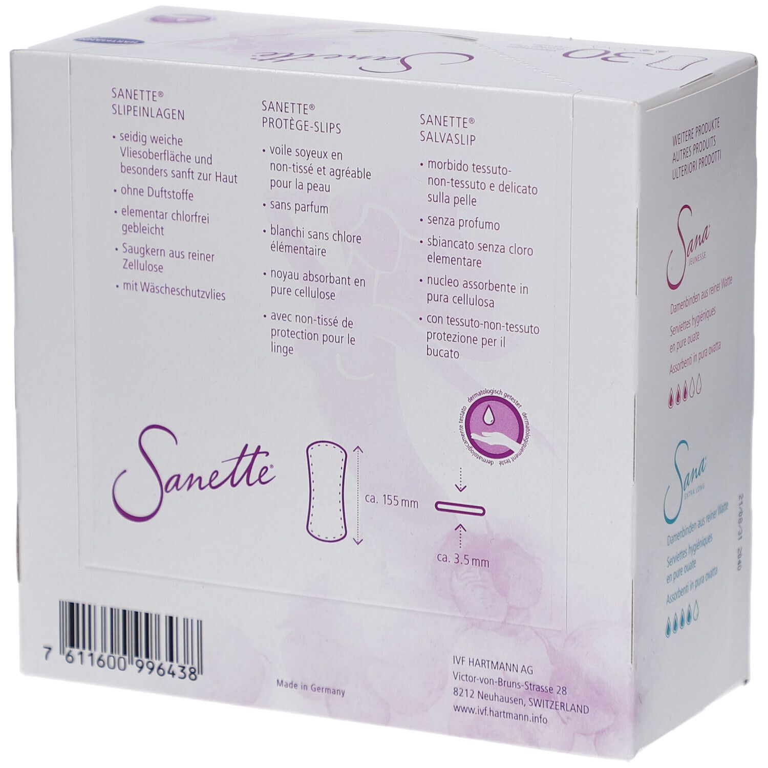 Rückseite der Sanette-Verpackung. Produktmerkmale in Deutsch, Französisch, Italienisch. Größenangaben: ca. 155mm x 3.5mm.