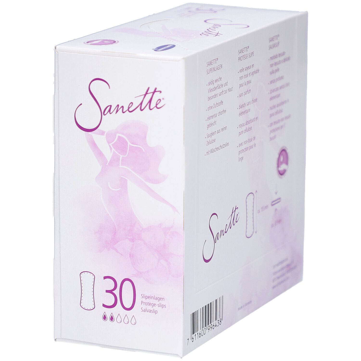 Sanette-Karton, schräge Ansicht. Enthält 30 Slipeinlagen. Text: Ohne Duftstoffe, neue anatomische Form. FSC-Logo.