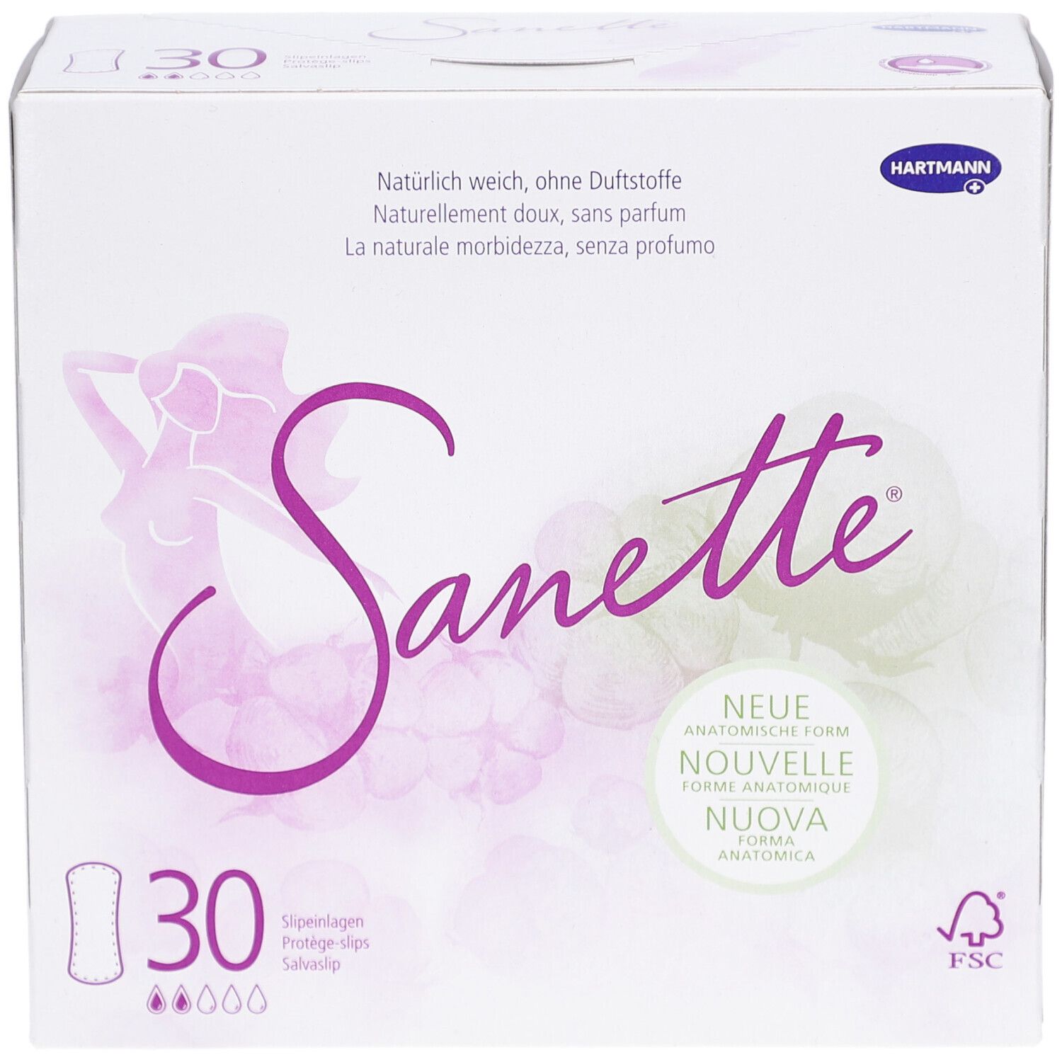Weißer Karton Sanette mit Illustration und Text. Enthält 30 Slipeinlagen. Text: Ohne Duftstoffe, neue anatomische Form.