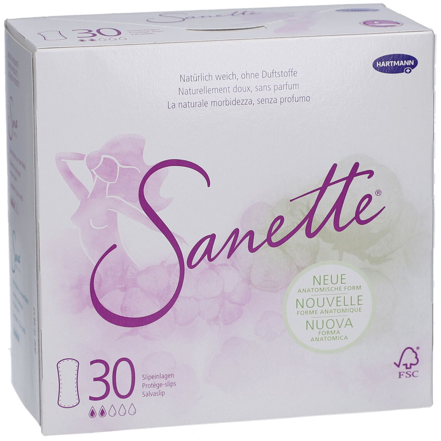 Weißer Karton Sanette mit Illustration und Text. Enthält 30 Slipeinlagen. Text: Ohne Duftstoffe, neue anatomische Form.