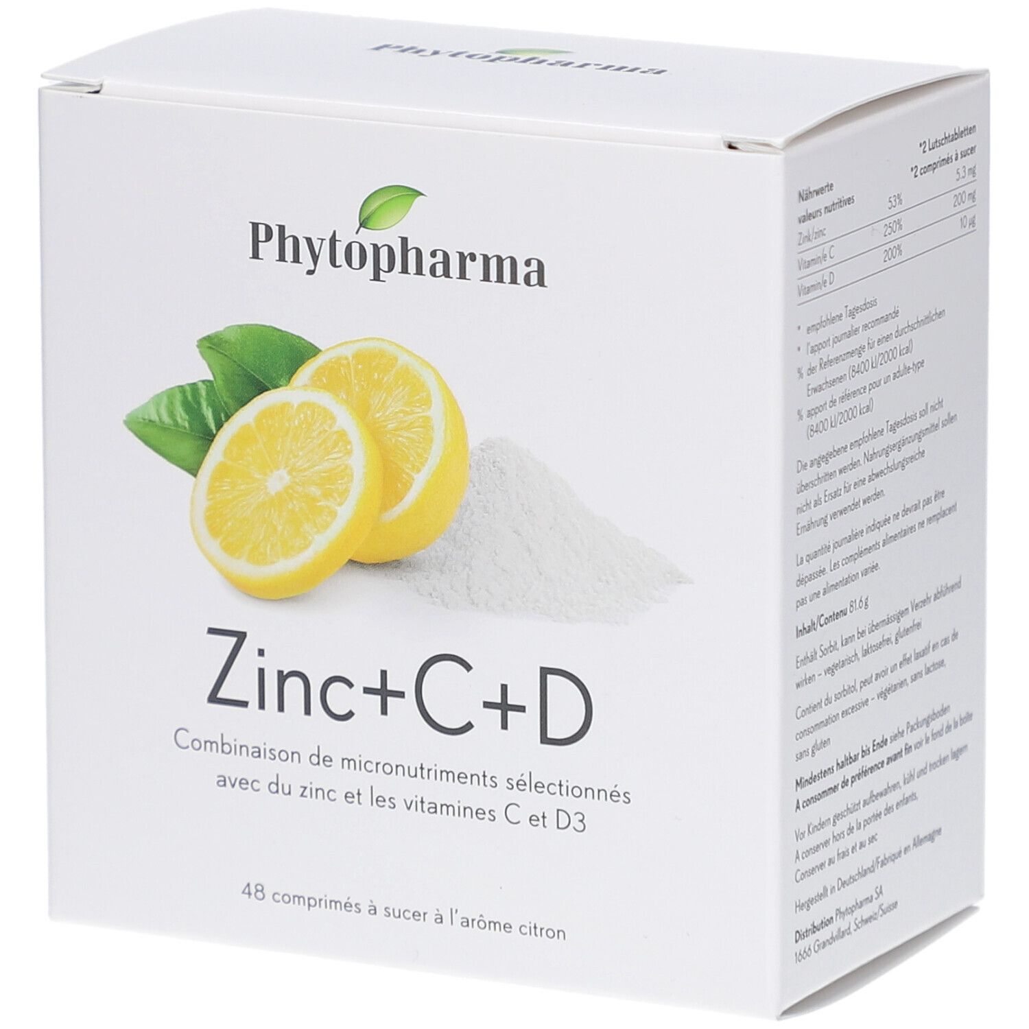 Weißer Karton mit Produktabbildung und Schriftzug. Enthält Zitronen, Blätter und Pulver. Aufschrift: Phytopharma Zinc+C+D.