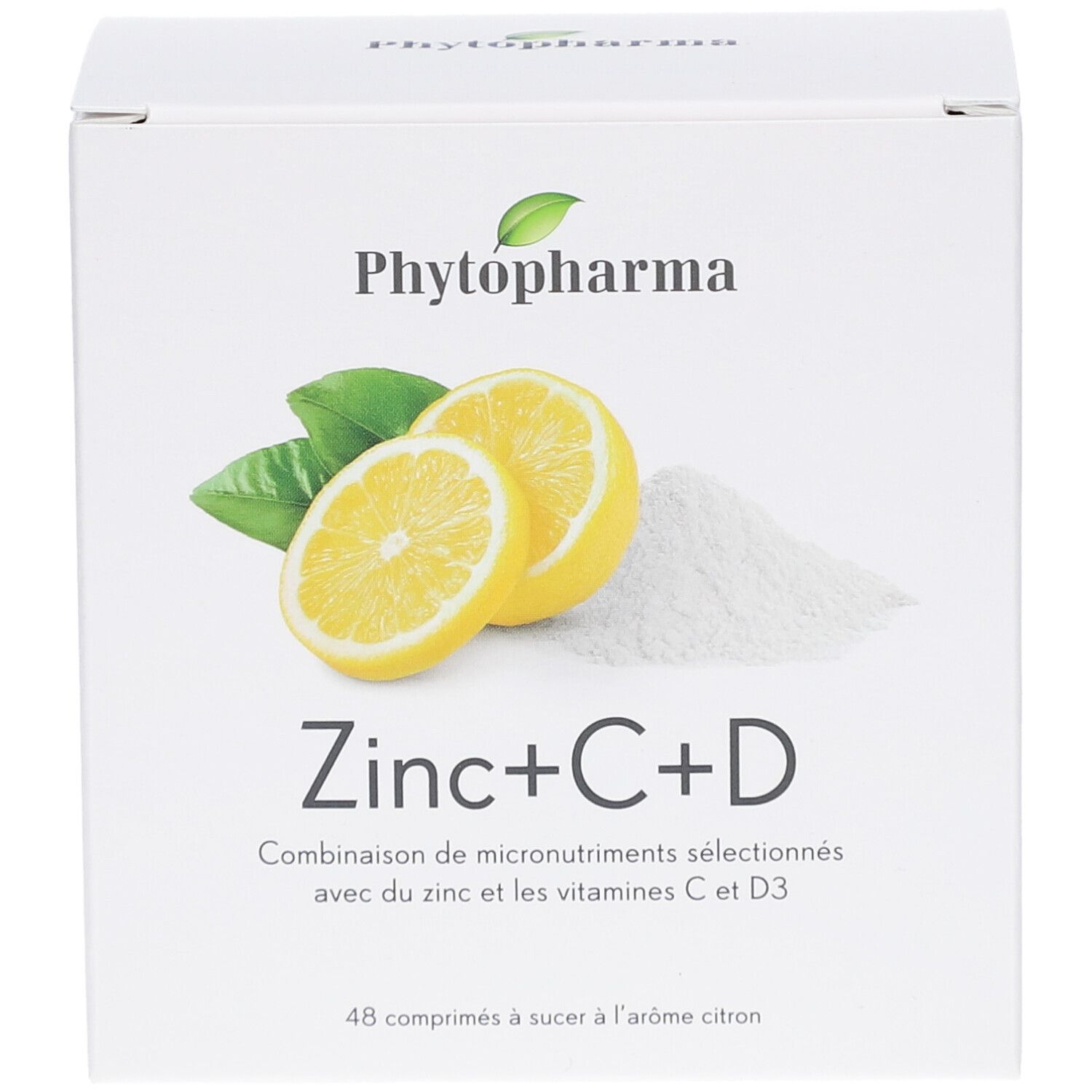 Weißer Karton mit Produktabbildung und Text. Enthält Zitronen, Blätter und Pulver. Aufschrift: Phytopharma Zinc+C+D.
