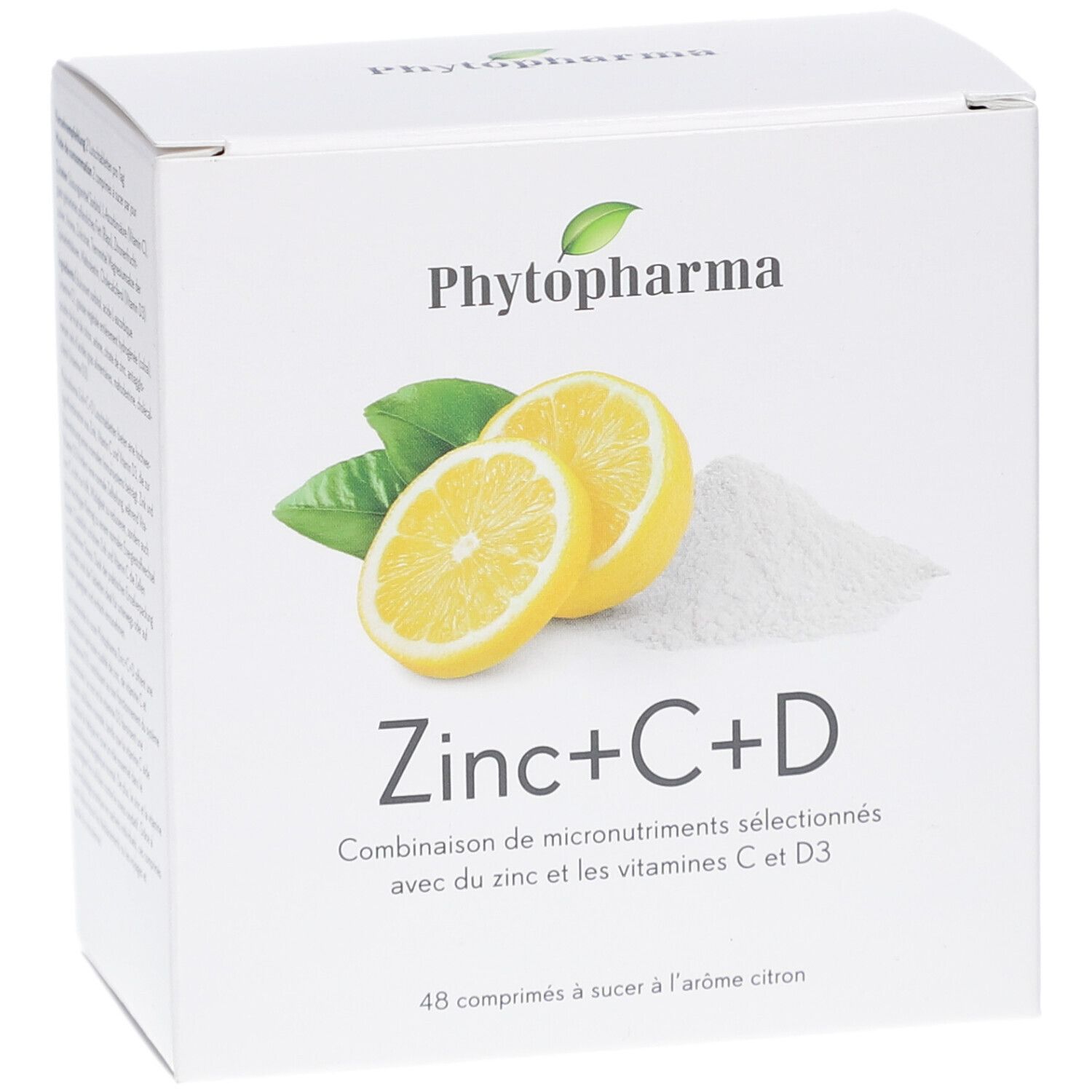 Weißer Karton mit Produktabbildung und Text. Enthält Zitronen, Blätter und Pulver. Aufschrift: Phytopharma Zinc+C+D.